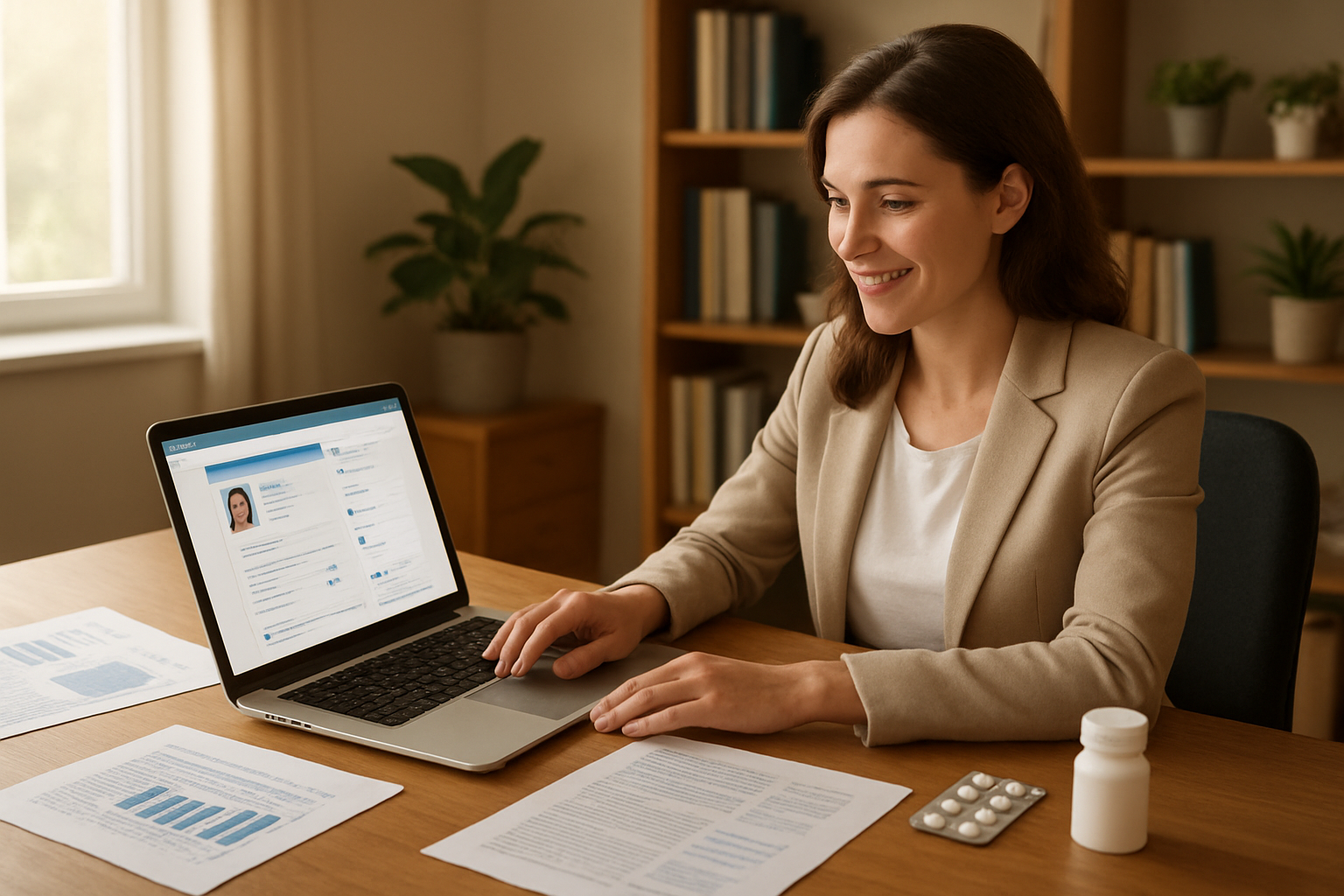 Create a realistic image of a modern home office setup with a laptop displaying a professional networking website, surrounded by medical research documents and pharmaceutical industry materials, a white female professional in business casual attire working confidently at the desk, warm natural lighting streaming through a window, plants and books on shelves in the background creating a productive and secure work environment, with a subtle sense of accomplishment and career success, absolutely NO text should be in the scene.
