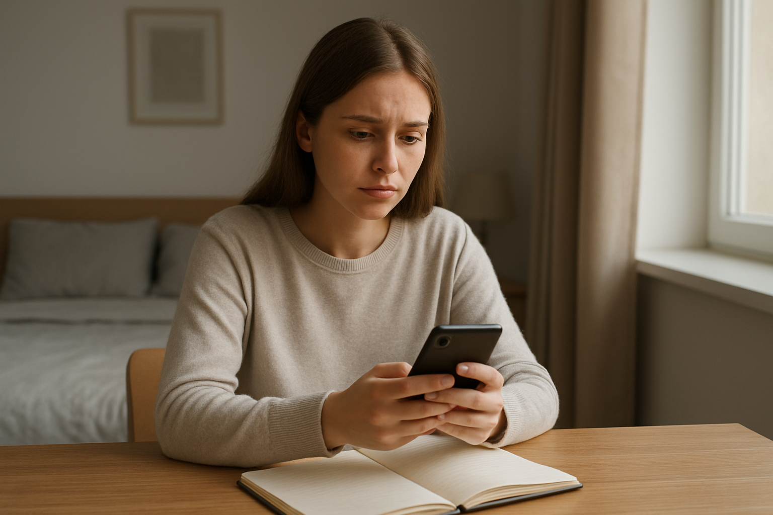 Create a realistic image of a young white female sitting at a wooden desk in a modern bedroom, holding a smartphone in her hands while looking thoughtful and slightly concerned, with an open notebook and pen beside her on the desk, soft natural lighting coming through a window, calm and contemplative atmosphere, absolutely NO text should be in the scene.