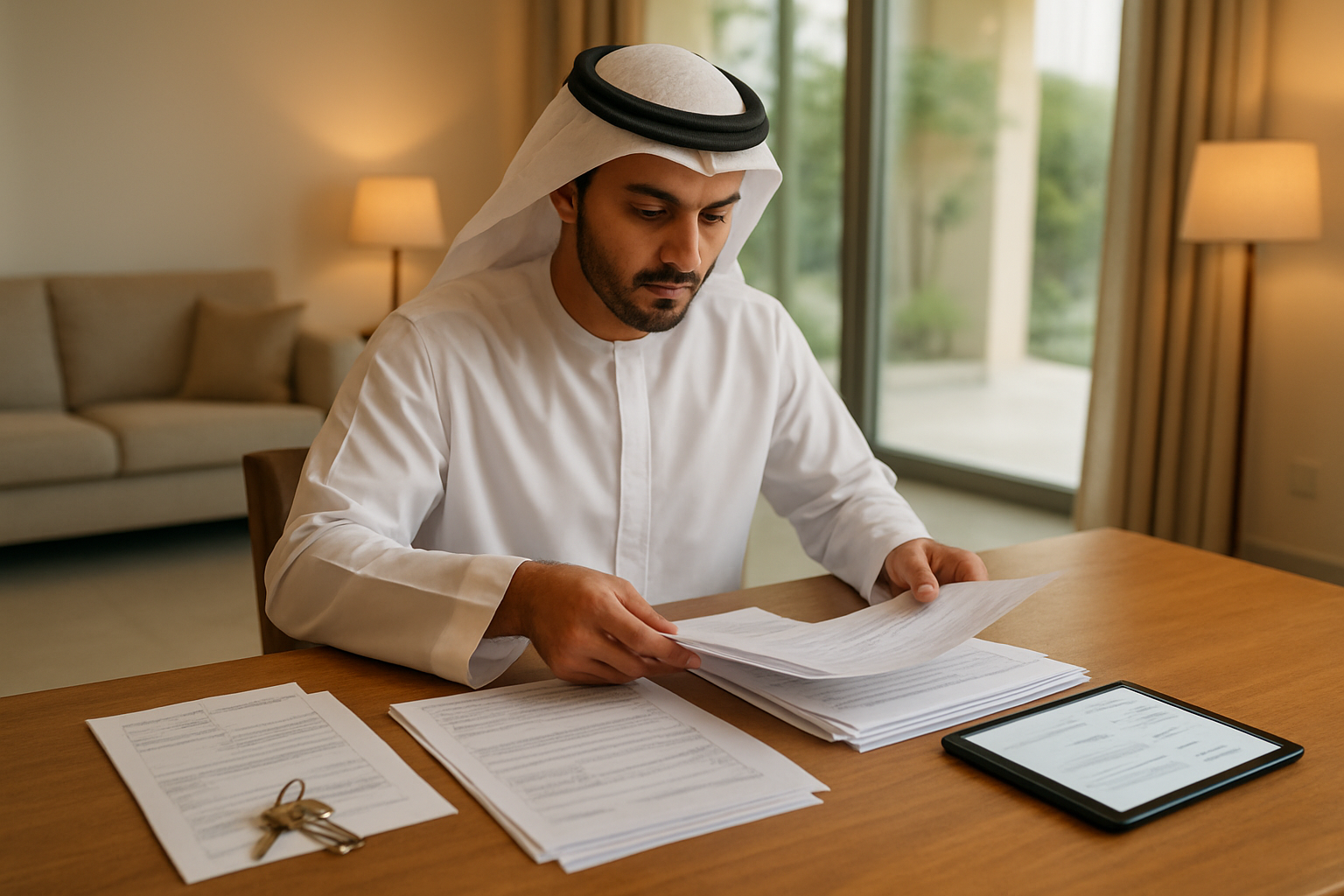 Create a realistic image of a Middle Eastern male homeowner in his 30s organizing documents and inspection reports on a wooden dining table, with house keys, a tablet showing a checklist, and utility bills spread out neatly, in a modern UAE villa living room with large windows showing natural daylight, clean and organized atmosphere suggesting preparation and planning, warm lighting from both natural sunlight and indoor lamps, absolutely NO text should be in the scene.