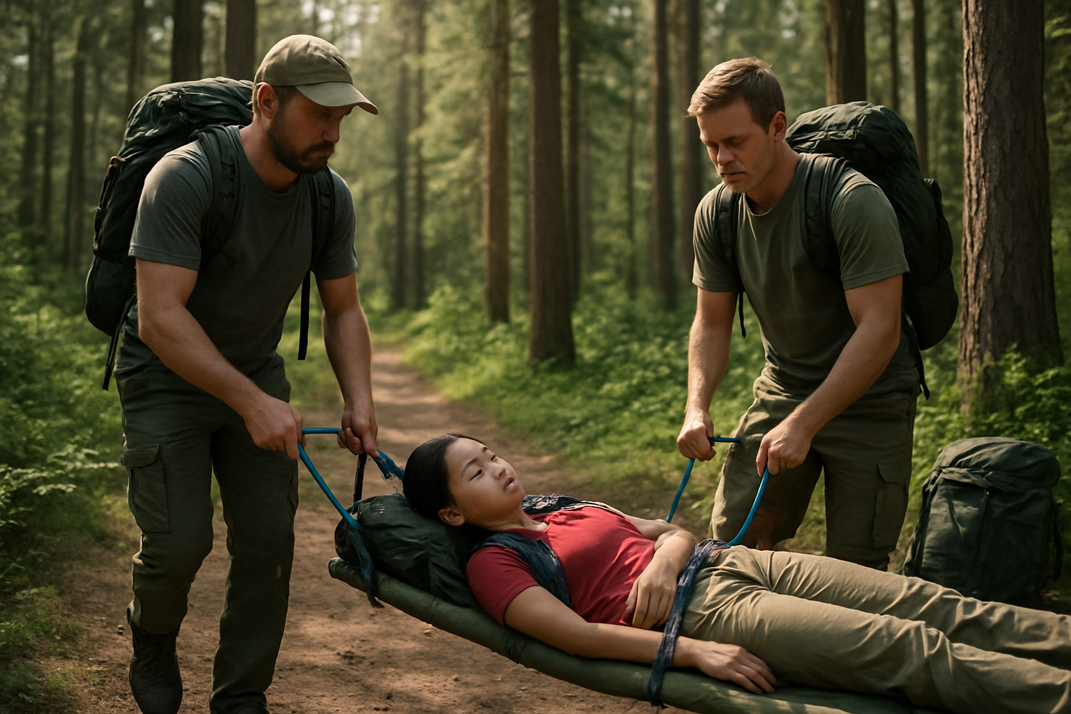 Create a realistic image of two white male campers carefully carrying an injured Asian female hiker on an improvised stretcher made from camping gear through a forest trail, with one camper at the head and another at the feet, surrounded by tall pine trees and dappled sunlight filtering through the canopy, showing focused expressions of teamwork and caution as they navigate the woodland path toward safety, with camping backpacks and first aid supplies visible nearby, captured in natural daylight with a serious but hopeful mood, absolutely NO text should be in the scene.