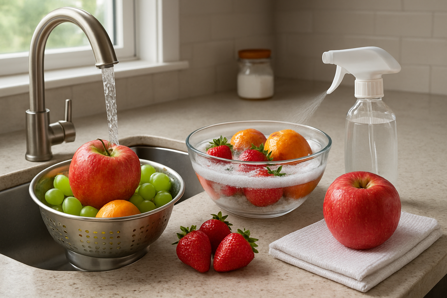 Create a realistic image of fresh conventional fruits including apples, grapes, strawberries, and citrus fruits being washed and cleaned using various chemical removal methods, showing a kitchen sink with running water, a bowl of baking soda solution with fruits soaking, a spray bottle with vinegar solution being applied to produce, clean kitchen towels for drying, and a modern kitchen counter setting with natural lighting from a nearby window, absolutely NO text should be in the scene.