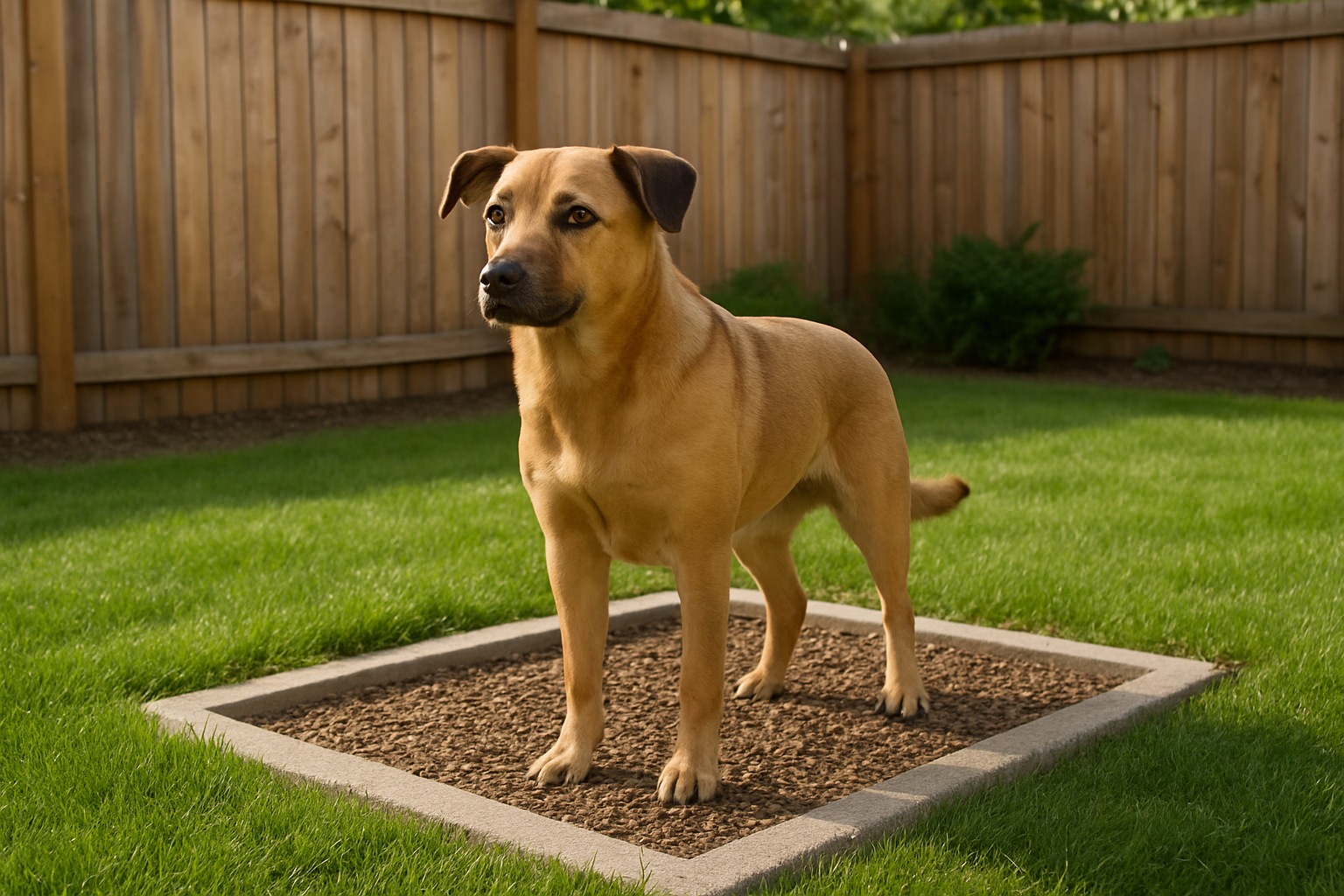Create a realistic image of a well-trained medium-sized dog standing in a designated bathroom area in a backyard, with the dog positioned on a specific patch of mulch or gravel that's clearly defined as the potty zone, surrounded by a neat residential yard with grass, a wooden fence in the background, natural daylight creating soft shadows, and the scene showing the dog in a calm, obedient posture as if waiting for a command or having just completed its business in the correct spot, with no people visible in the scene, and absolutely NO text should be in the scene.