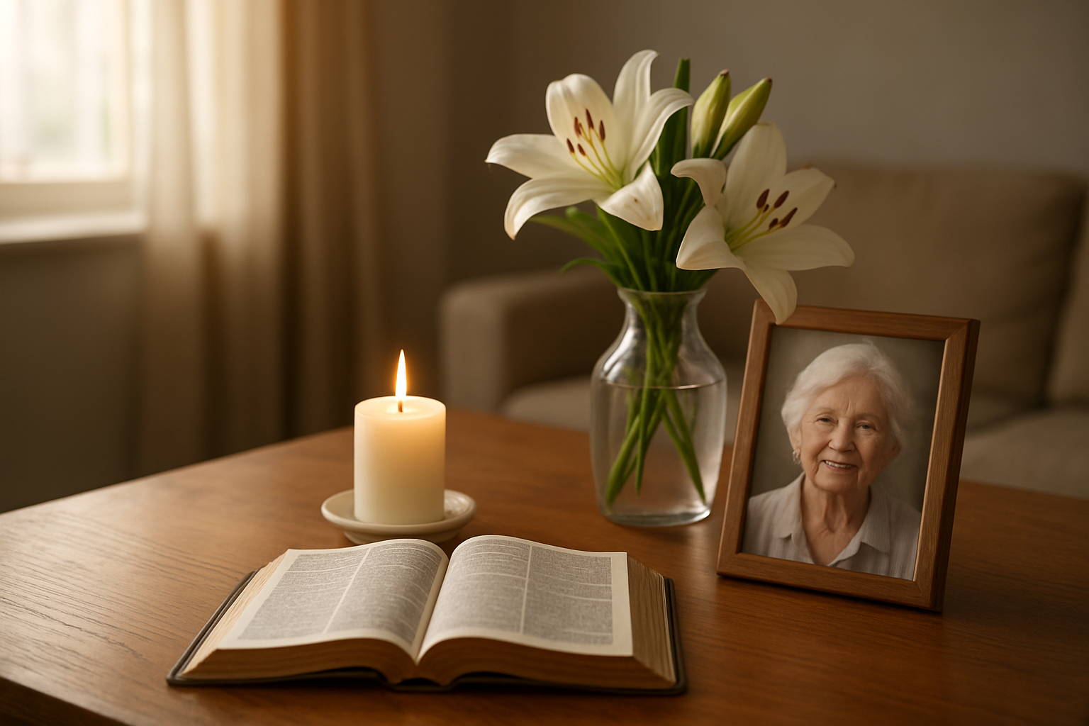 Create a realistic image of a peaceful indoor scene with soft, warm natural lighting streaming through a window, featuring a wooden table with an open Bible, a lit white candle in a simple holder, fresh white lilies in a clear glass vase, and a framed photograph of an elderly white female with a gentle smile, all arranged in a serene composition that conveys remembrance and faith, with a soft-focus background showing part of a cozy living room with neutral tones, absolutely NO text should be in the scene.