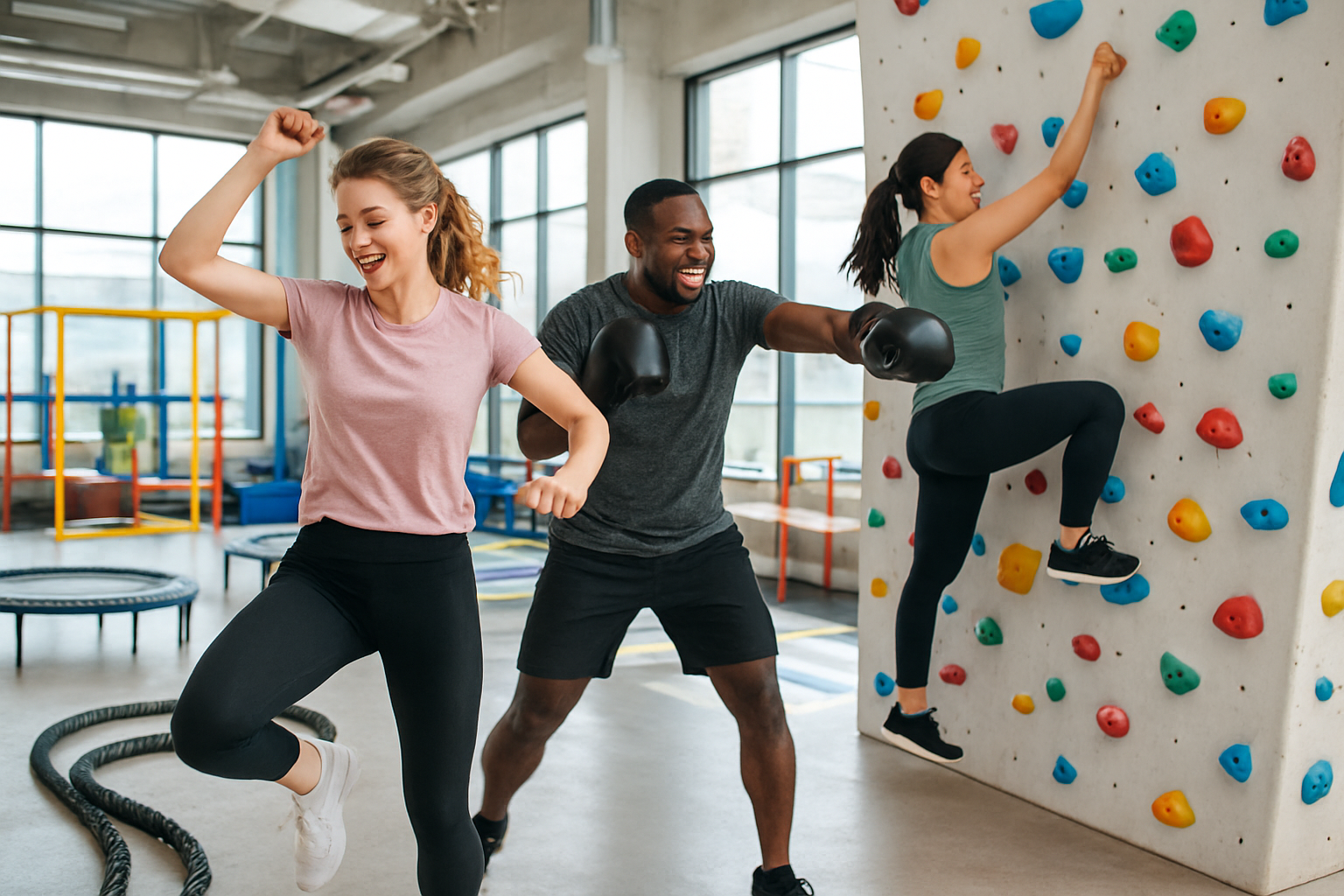 Create a realistic image of a diverse group of people enjoying dynamic and engaging cardio activities in a bright modern gym, featuring a white female doing energetic dance cardio moves, a black male participating in a fun boxing fitness class, and an Asian female climbing on a colorful rock climbing wall, with vibrant equipment like battle ropes, trampolines, and obstacle course elements scattered throughout the scene, bright natural lighting streaming through large windows creating an upbeat and exciting atmosphere that contrasts the misconception of boring cardio, absolutely NO text should be in the scene.