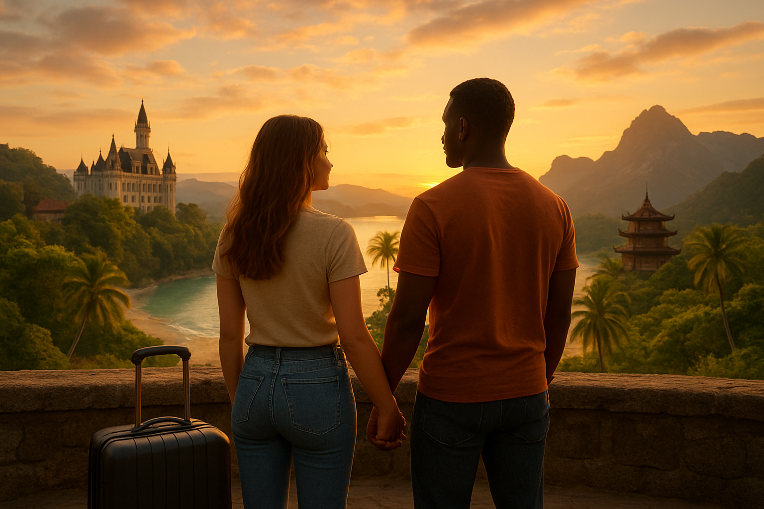 Create a realistic image of a diverse couple (one white female and one black male) standing together on a scenic overlook at golden hour, gazing at a breathtaking panoramic view that seamlessly blends multiple romantic destinations including European architecture with ancient castles, tropical beaches with palm trees, Asian pagodas, and mountain landscapes, with warm sunset lighting creating a dreamy romantic atmosphere, the couple holding hands while looking into the distance, travel luggage nearby suggesting their journey, soft clouds in the sky, and natural lighting that evokes wanderlust and romance. Absolutely NO text should be in the scene.