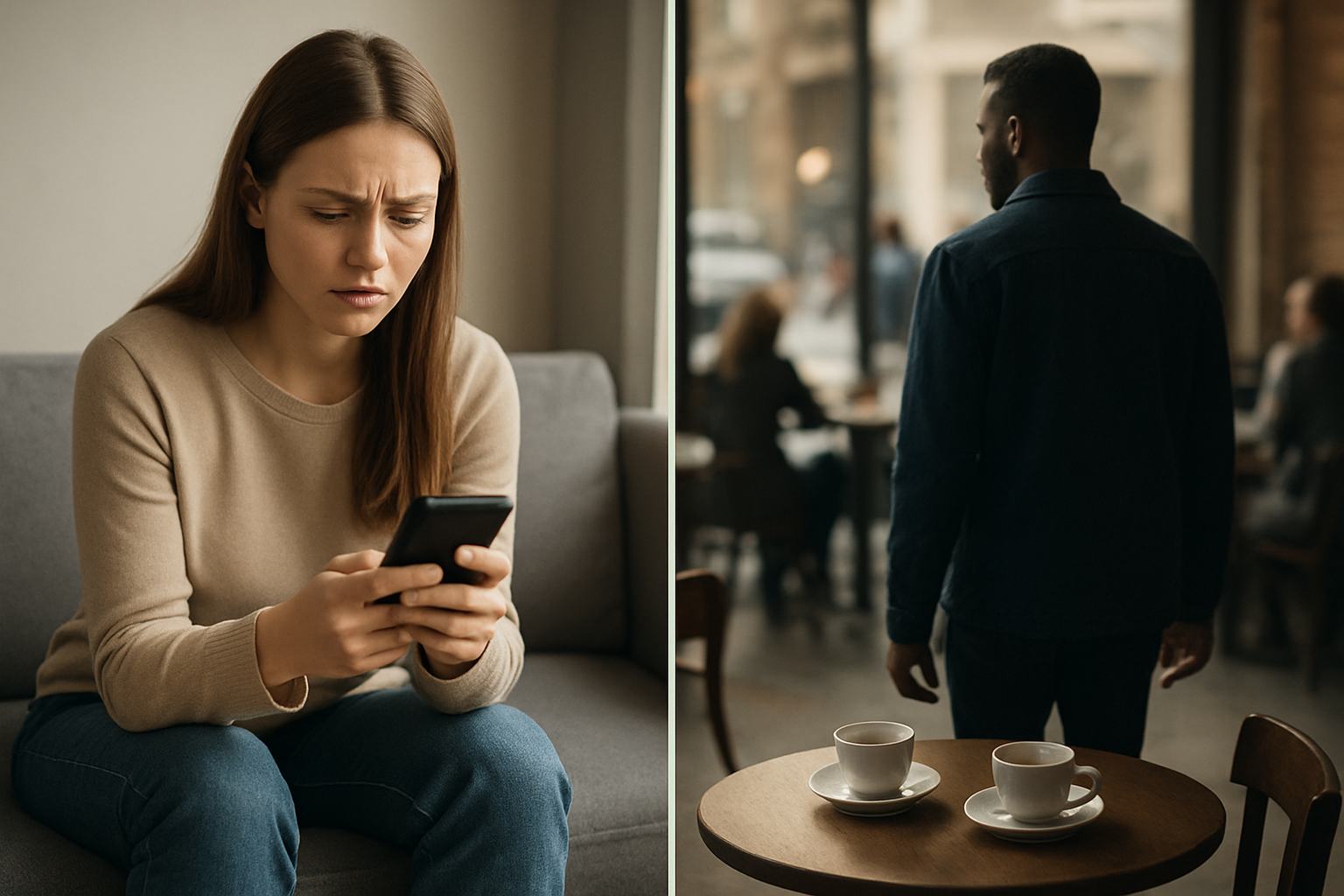 Create a realistic image of a split scene showing common ghosting scenarios: on the left side, a white female looking at her phone with a confused expression sitting on a modern couch, and on the right side, a black male walking away from a coffee shop table where two coffee cups sit abandoned, with soft natural lighting creating a melancholic mood, urban cafe background with blurred patrons, emphasizing the emotional distance and sudden disappearance typical of ghosting situations, absolutely NO text should be in the scene.
