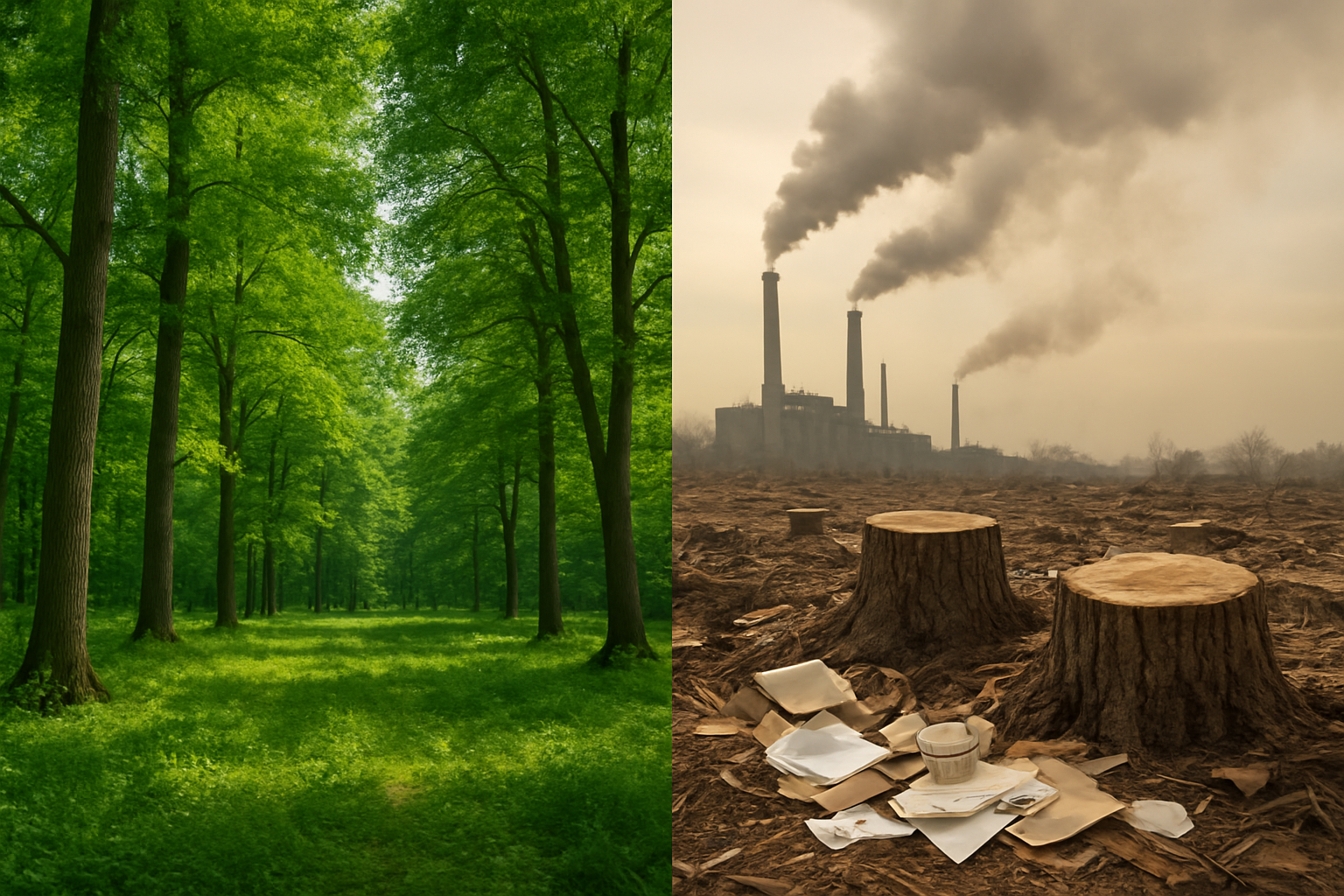 Create a realistic image of a split-screen comparison showing environmental impact, with one side displaying a lush green forest with healthy trees and clean air representing digital cards, and the other side showing cut tree stumps, paper waste, and industrial pollution representing paper card production, with a clear contrast between the pristine natural environment and the environmentally damaged landscape, soft natural lighting, absolutely NO text should be in the scene.