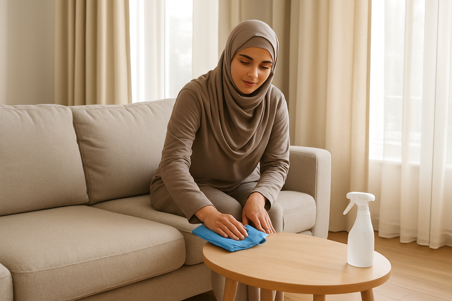 Create a realistic image of a modern living room showcasing easy maintenance and cleaning with a comfortable sofa and elegant curtains, featuring a Middle Eastern woman gently cleaning a beige fabric sofa with a microfiber cloth, spray bottle on a nearby coffee table, pristine curtains hanging beside large windows, clean and organized space with warm natural lighting streaming through the windows, polished wooden floor, fresh and spotless interior atmosphere emphasizing cleanliness and care, soft neutral color palette of beiges and whites, absolutely NO text should be in the scene.