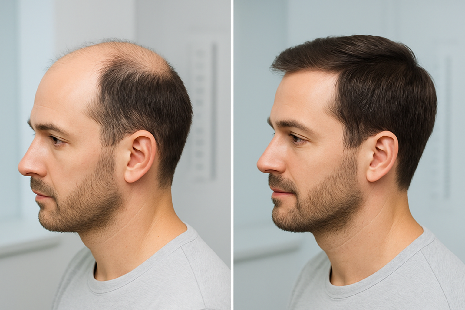 Create a realistic image of a split-screen comparison showing before and after hair restoration results, featuring two white male subjects in their 30s photographed from behind and side profile angles, with one side showing thinning hair or balding patterns and the other side displaying fuller, restored hair growth, set against a clean medical office background with soft, professional lighting, including subtle visual elements like measurement rulers or progress indicators to suggest scientific evaluation and success tracking, with a calm and professional mood that conveys medical accuracy and hope, absolutely NO text should be in the scene.