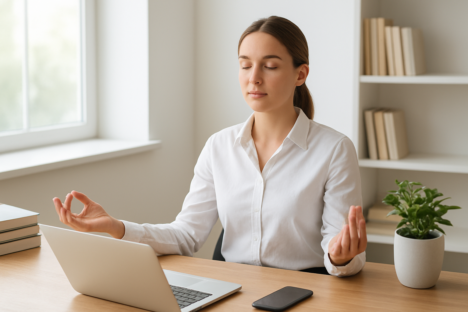 Create a realistic image of a white female professional sitting at a clean, organized wooden desk in a bright, modern workspace, with her eyes closed in a meditative pose showing inner focus and concentration, surrounded by subtle elements including a healthy plant, a water bottle, natural lighting from a large window, organized books on productivity, and a smartphone placed face-down, creating a calm and balanced atmosphere that represents mental clarity and peak performance, with soft natural lighting and a serene mood. Absolutely NO text should be in the scene.
