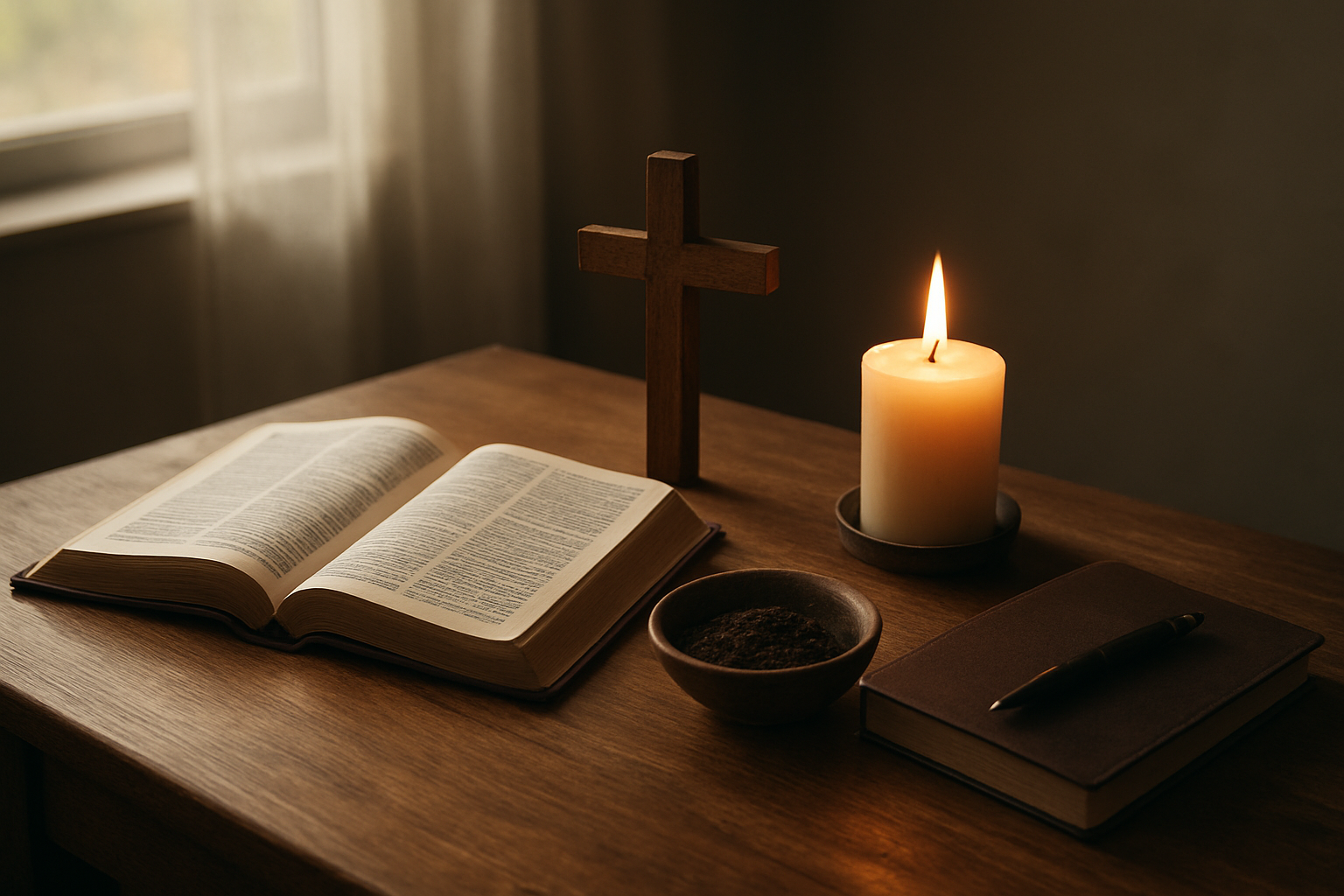 Create a realistic image of a peaceful indoor setting with a wooden table displaying personal Lenten discipline items including an open Bible, a simple wooden cross, a journal with a pen beside it, a small bowl of ashes, and a lit candle casting warm light, surrounded by a serene atmosphere with soft natural lighting filtering through a window, creating shadows and highlighting the sacred objects in a contemplative arrangement that suggests personal spiritual practice and reflection. Absolutely NO text should be in the scene.