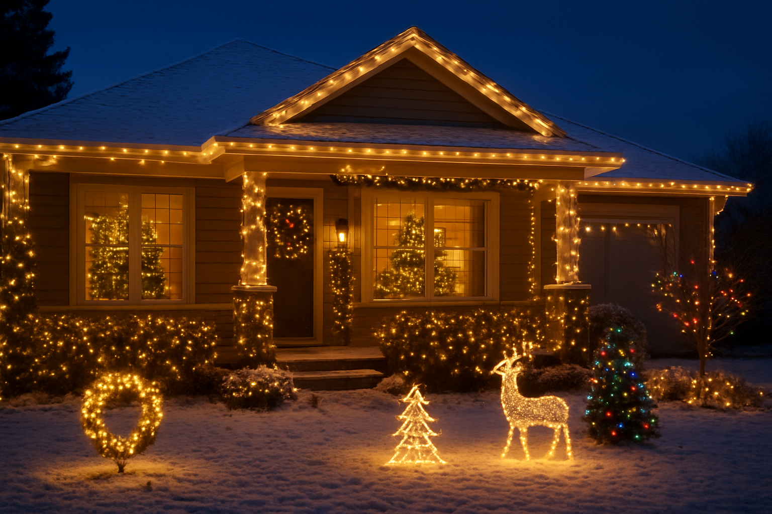 Create a realistic image of a beautifully decorated home during Christmas evening showcasing multiple lighting decoration ideas, featuring a cozy living room visible through large windows with warm festive lights on a Christmas tree and garlands, the exterior displaying elegant outdoor Christmas lights outlining the roofline and wrapped around porch columns, string lights adorning bushes and trees in the front yard, DIY luminous decorations like glowing wreaths and light-up yard ornaments scattered throughout the scene, a mix of warm white and colorful LED lights creating a magical holiday atmosphere, snow lightly dusting the ground and rooftops, the overall scene conveying warmth and holiday cheer with professional-looking light installation, captured during twilight hour with a deep blue sky backdrop, absolutely NO text should be in the scene.