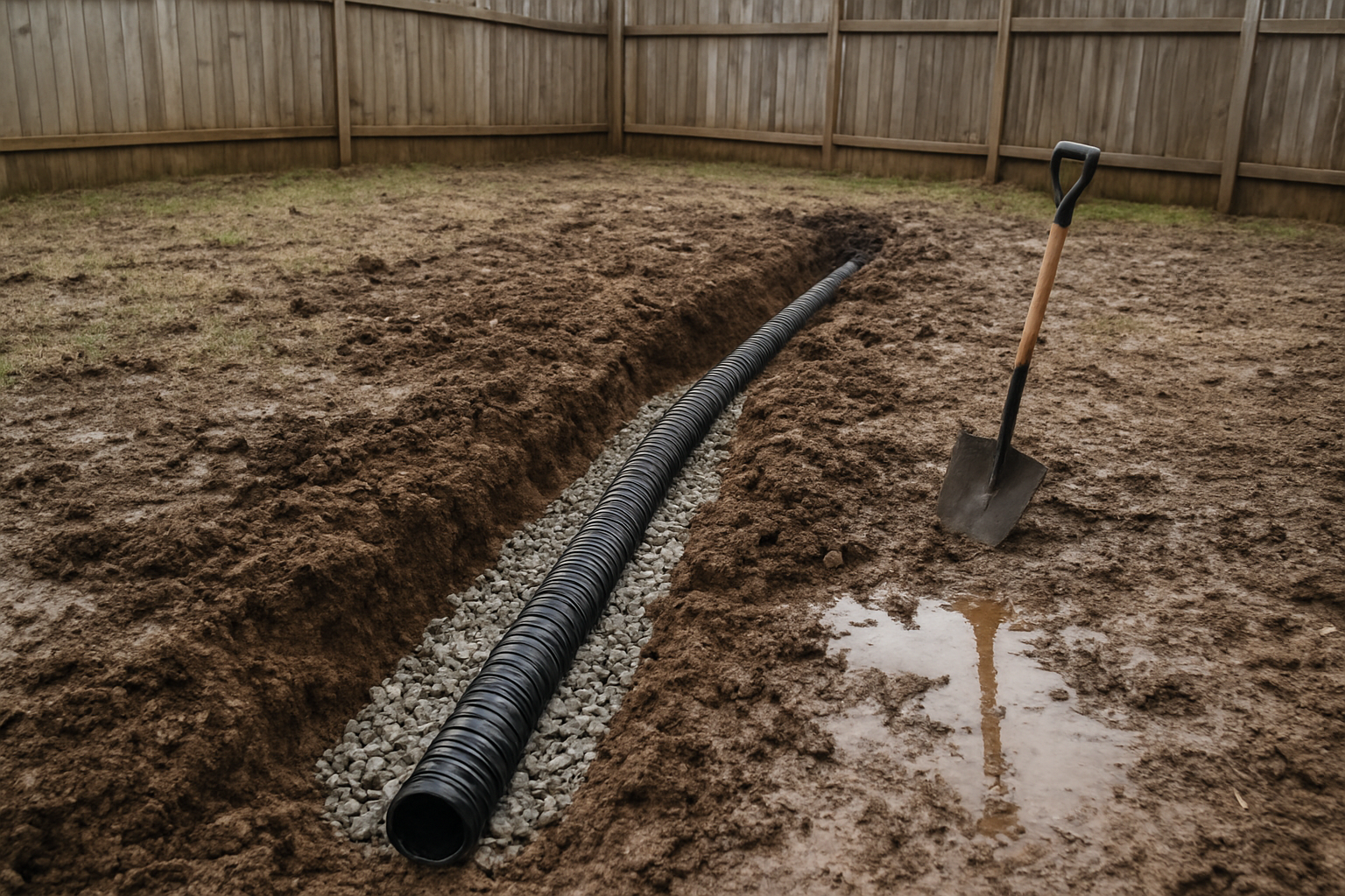 Create a realistic image of a backyard French drain system being installed in a soggy, muddy area of a grassless dog yard, showing a partially dug trench filled with gravel and perforated drainage pipe, with wet soil and puddles visible around the work area, garden tools like a shovel nearby, surrounded by a simple wooden fence, under natural daylight with overcast sky, demonstrating a budget-friendly drainage solution for pet owners, absolutely NO text should be in the scene.