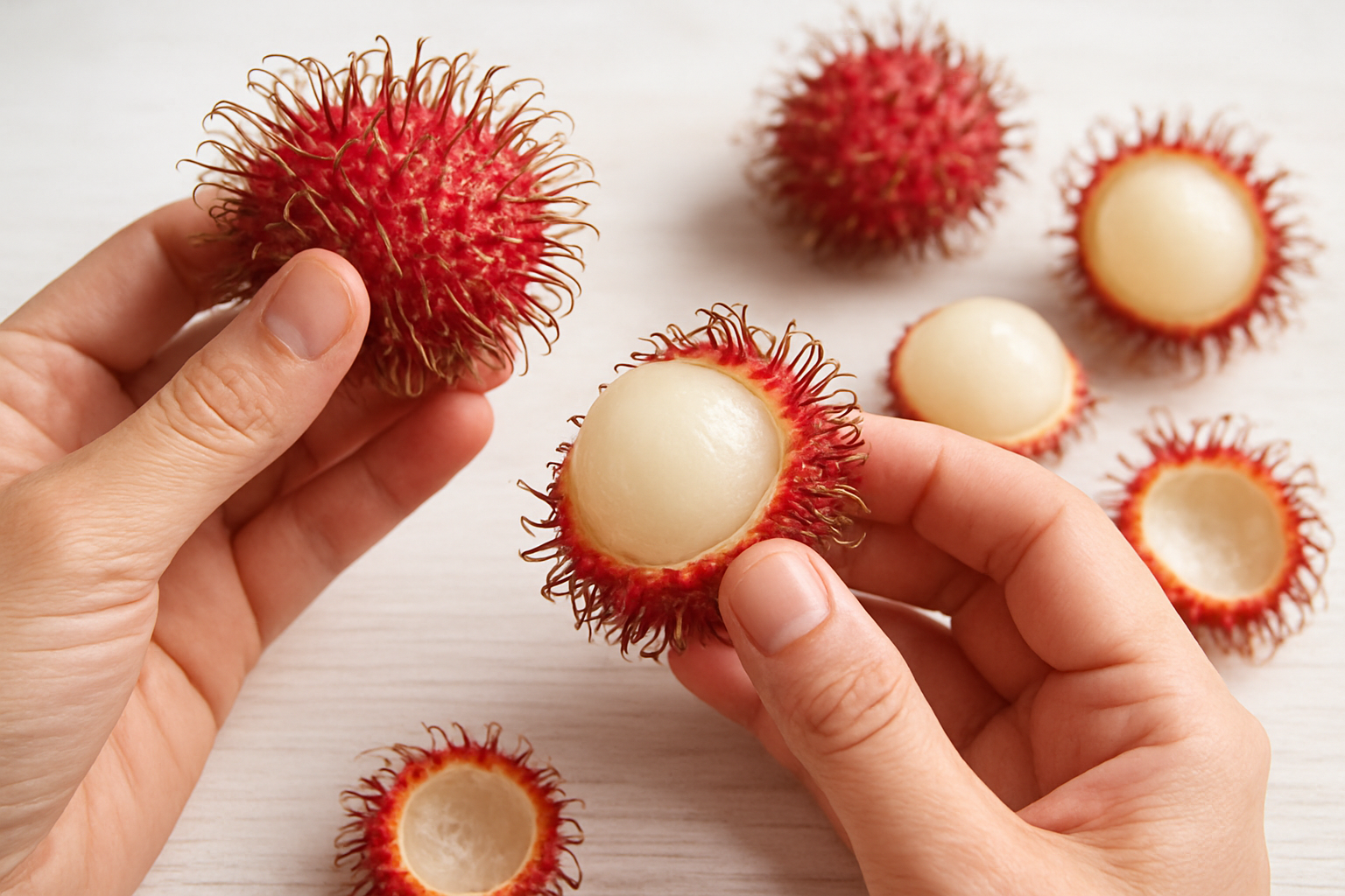 Create a realistic image of hands demonstrating how to properly eat a rambutan fruit, showing the step-by-step process with one hand holding a whole red spiky rambutan and another hand peeling away the hairy red skin to reveal the translucent white flesh inside, with several rambutans at different stages of being opened arranged on a clean white wooden surface, soft natural lighting from above creating gentle shadows, close-up detailed view focusing on the technique and texture of the exotic fruit, absolutely NO text should be in the scene.