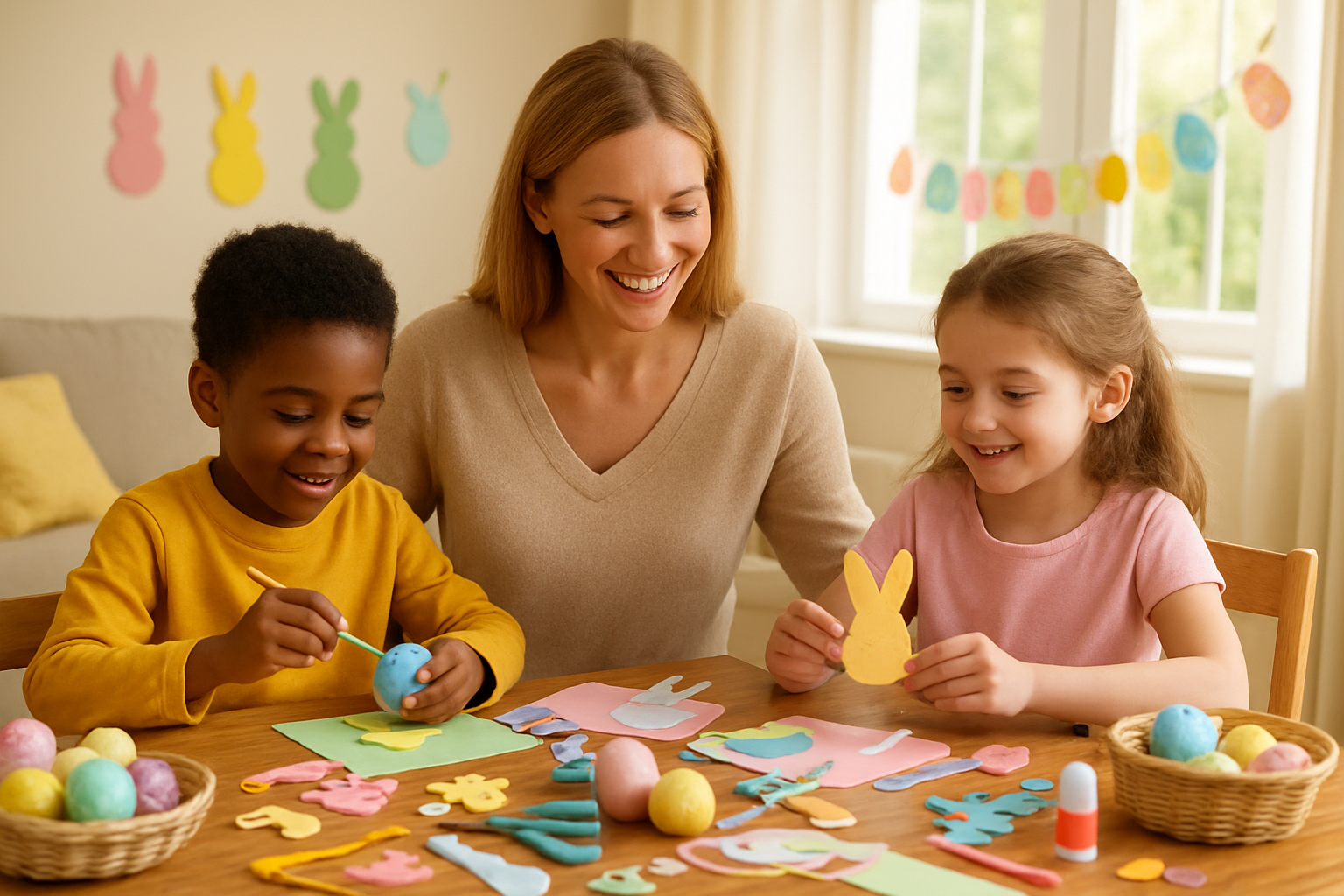 Create a realistic image of a bright, cheerful living room scene where a white female adult and two children (one black male child and one white female child) are sitting around a wooden table covered with colorful Easter craft supplies including painted eggs, pastel-colored construction paper, glue sticks, scissors, bunny-shaped cutouts, small baskets, ribbons, and paint brushes, with the children actively engaged in creating Easter decorations while smiling, natural daylight streaming through windows creating a warm atmosphere, Easter-themed decorations visible in the background including hanging paper bunnies and egg garlands, absolutely NO text should be in the scene.