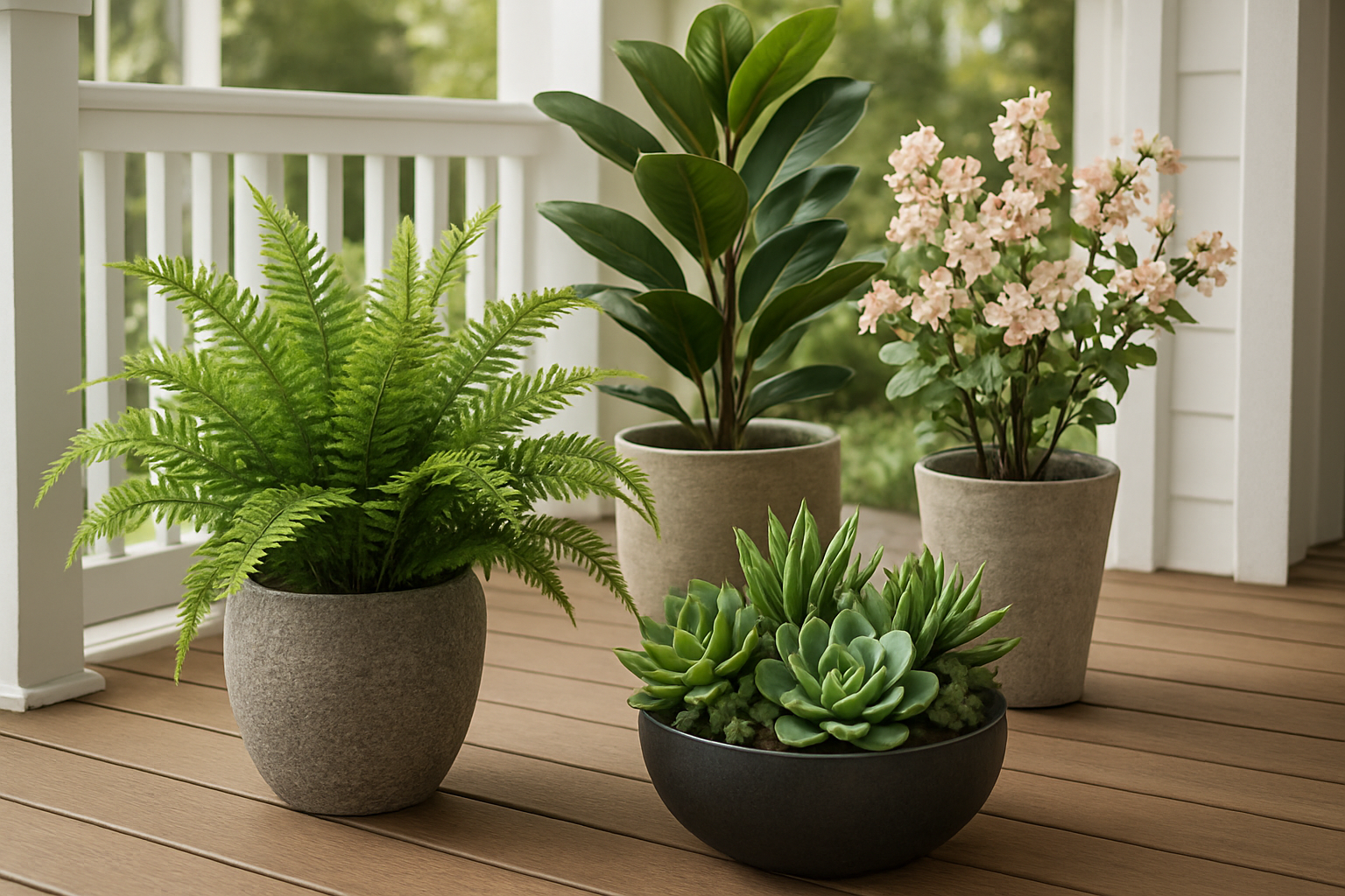 Create a realistic image of high-quality artificial plants displayed on a front porch, showcasing close-up details of realistic textures, natural-looking leaves, sturdy stems, and UV-resistant materials, with various faux plants in decorative planters including artificial ferns, succulents, and flowering plants, arranged on wooden porch decking with natural lighting highlighting the quality craftsmanship and lifelike appearance of the fake foliage, shot from a perspective that emphasizes the realistic details and construction quality, with a clean residential porch background featuring white railings and columns, absolutely NO text should be in the scene.
