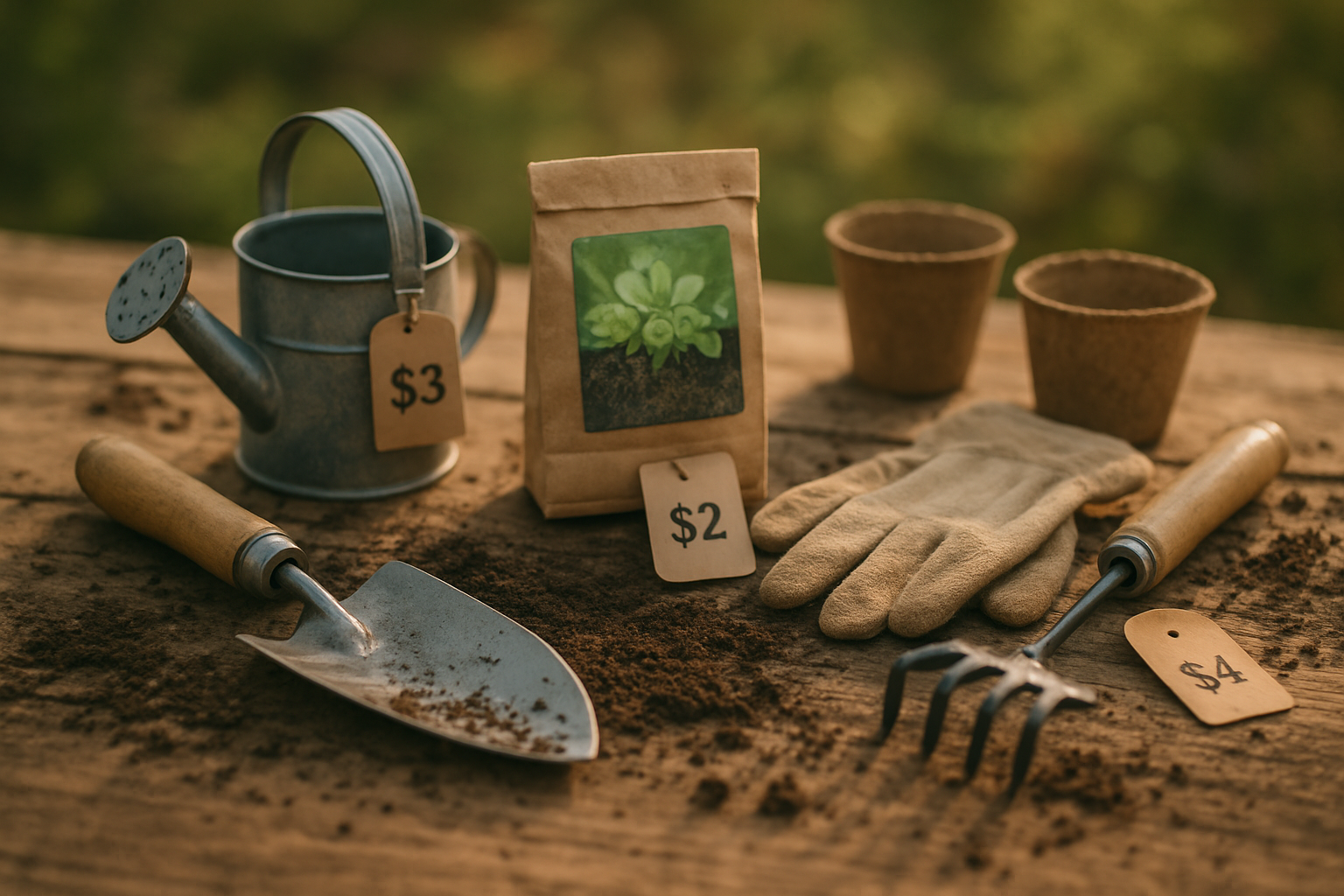 Create a realistic image of essential gardening tools arranged on a wooden surface including a hand trowel, small watering can, packet of seeds, gardening gloves, and a small rake, with price tags showing affordable amounts, surrounded by scattered soil and a few seedling pots, in warm natural lighting with a soft outdoor background, emphasizing budget-friendly gardening supplies for beginners, absolutely NO text should be in the scene.