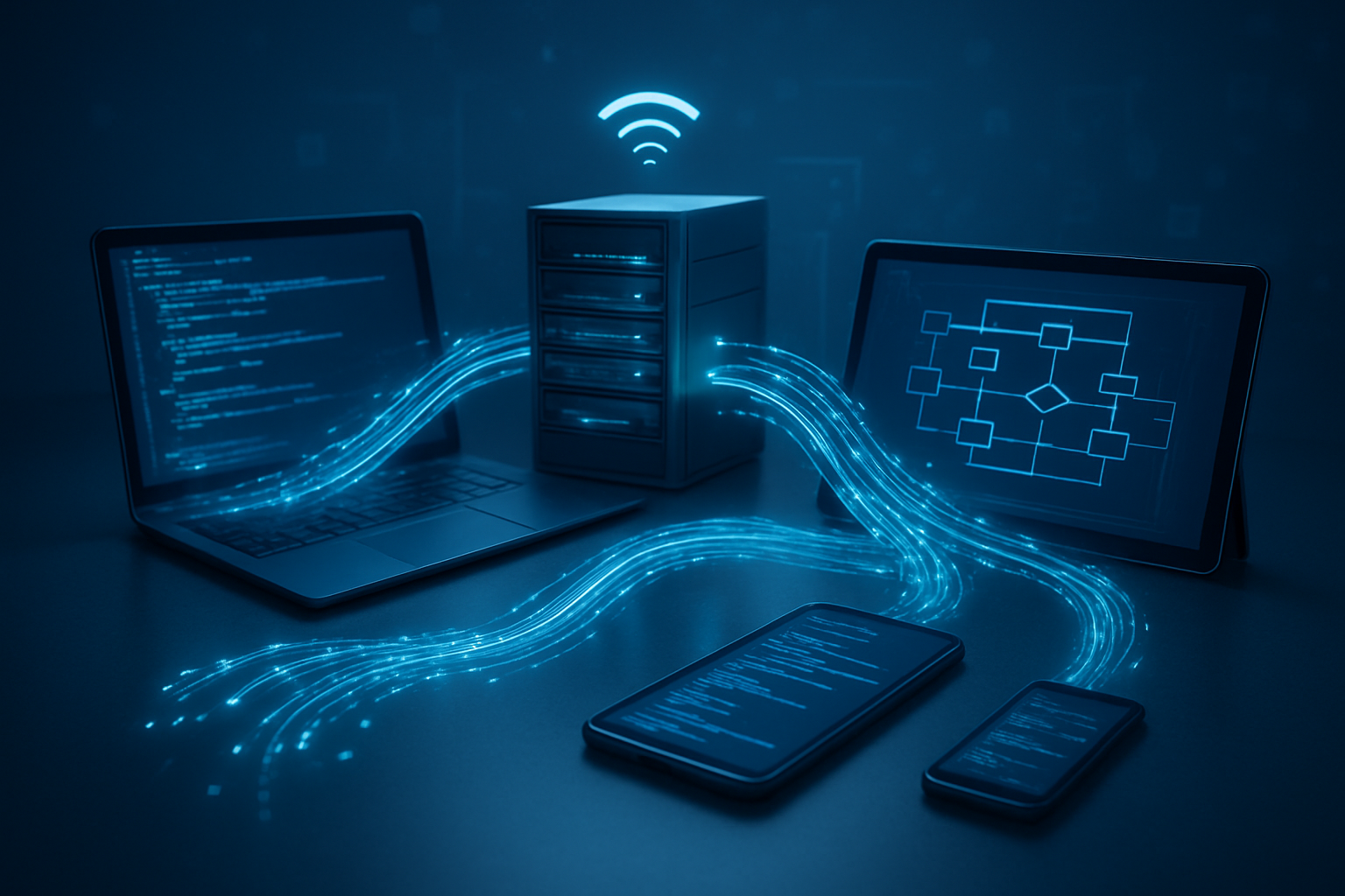 Create a realistic image of interconnected digital devices and systems communicating through flowing data streams, featuring multiple screens displaying code interfaces and protocol diagrams, with glowing network cables and wireless signals connecting laptops, servers, and mobile devices on a modern tech workspace desk, under soft blue ambient lighting that emphasizes the seamless flow of information between different platforms, with abstract geometric patterns representing data packets traveling through the connections, absolutely NO text should be in the scene.