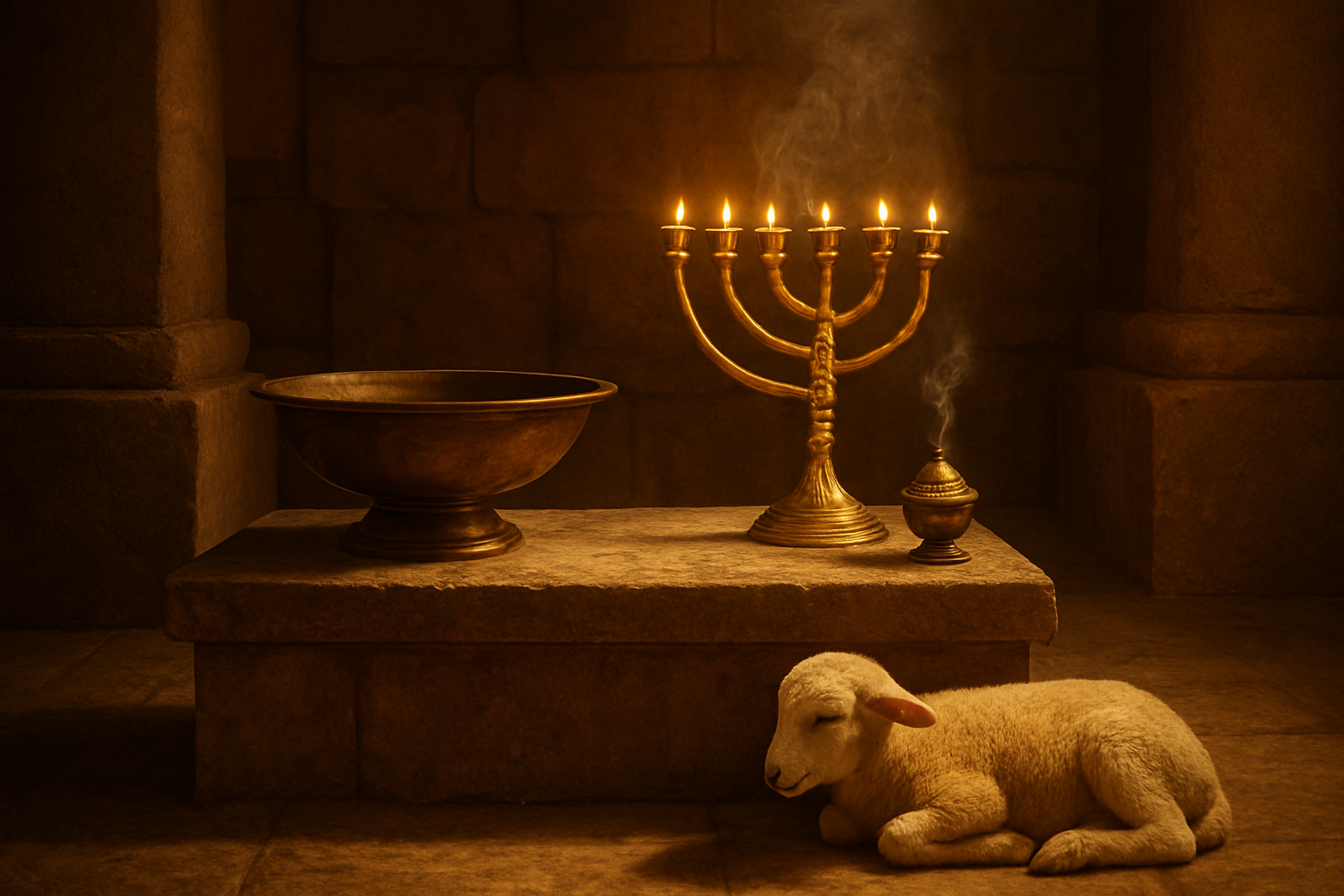 Create a realistic image of an ancient Hebrew temple altar with ceremonial objects including a bronze basin, golden lampstand (menorah), incense burner with smoke rising, and sacrificial lamb resting peacefully nearby, set against warm golden lighting that creates dramatic shadows, with stone temple walls and pillars in the background, conveying a sacred and reverent atmosphere that symbolizes Old Testament ceremonial practices pointing to messianic fulfillment, absolutely NO text should be in the scene.