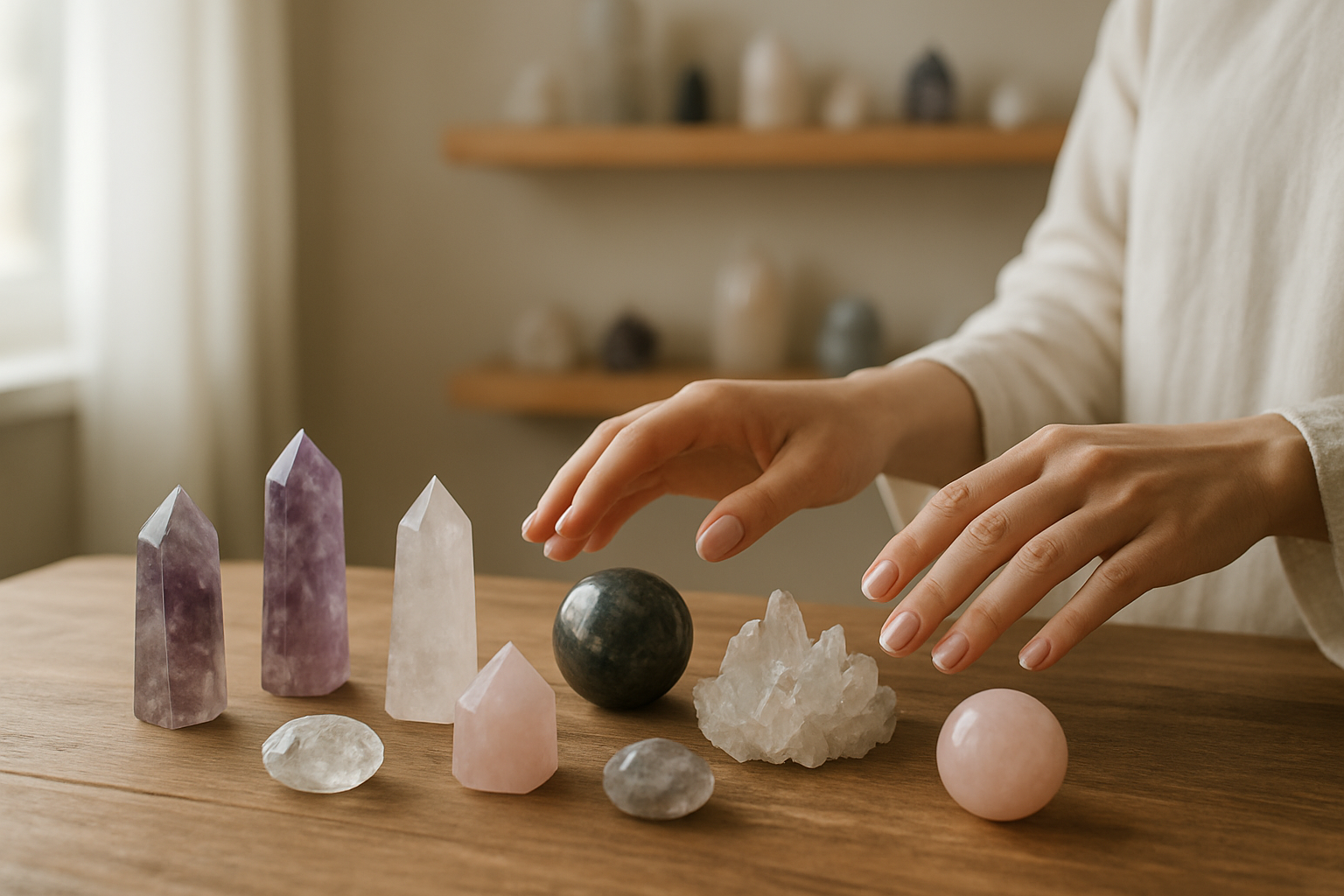 Create a realistic image of a serene indoor crystal selection scene featuring various crystal shapes including pointed crystals, crystal clusters, and spherical stones arranged on a natural wooden surface, with a white female's hands gently hovering over different crystals as if choosing between them, soft natural lighting streaming through a nearby window creating gentle shadows, with additional crystals of different shapes and sizes displayed on floating wooden shelves in the blurred background, conveying a peaceful decision-making moment in a tranquil crystal healing space, absolutely NO text should be in the scene.