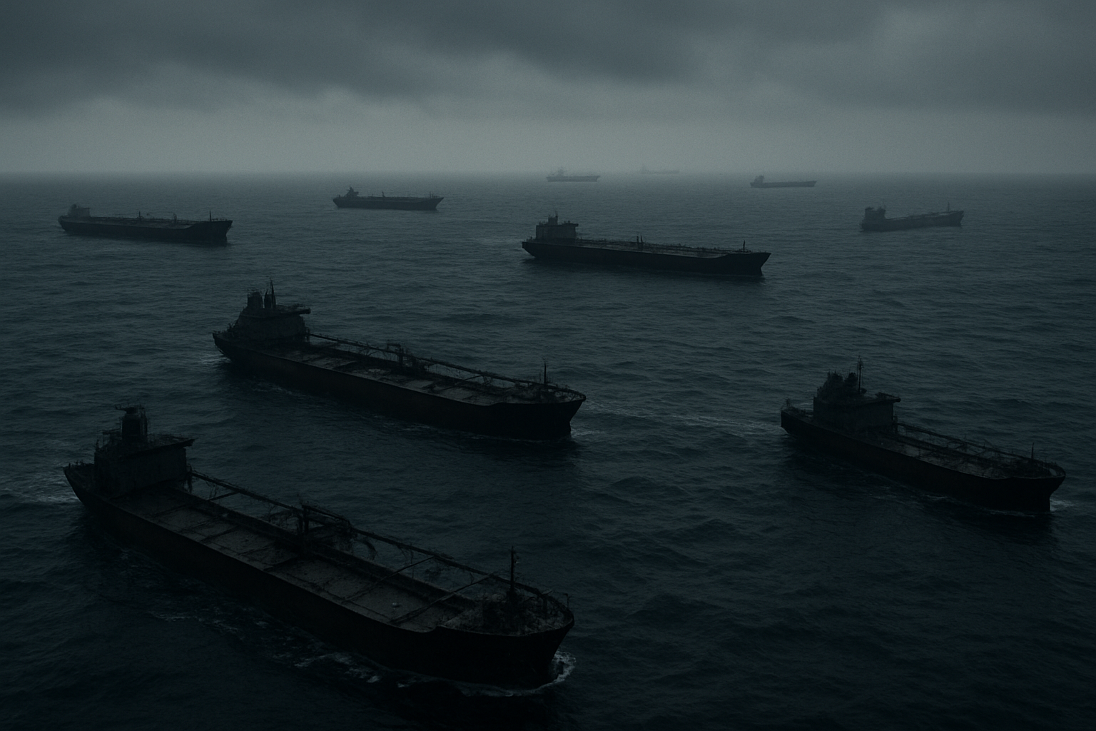 Create a realistic image of multiple dark-colored oil tanker ships scattered across a vast ocean surface viewed from an aerial perspective, with some vessels appearing deliberately obscured or camouflaged, featuring weathered and unmarked hulls, choppy dark blue waters, overcast gray skies creating a shadowy atmosphere, and distant tankers appearing as silhouettes on the horizon to convey the secretive nature of maritime operations, absolutely NO text should be in the scene.
