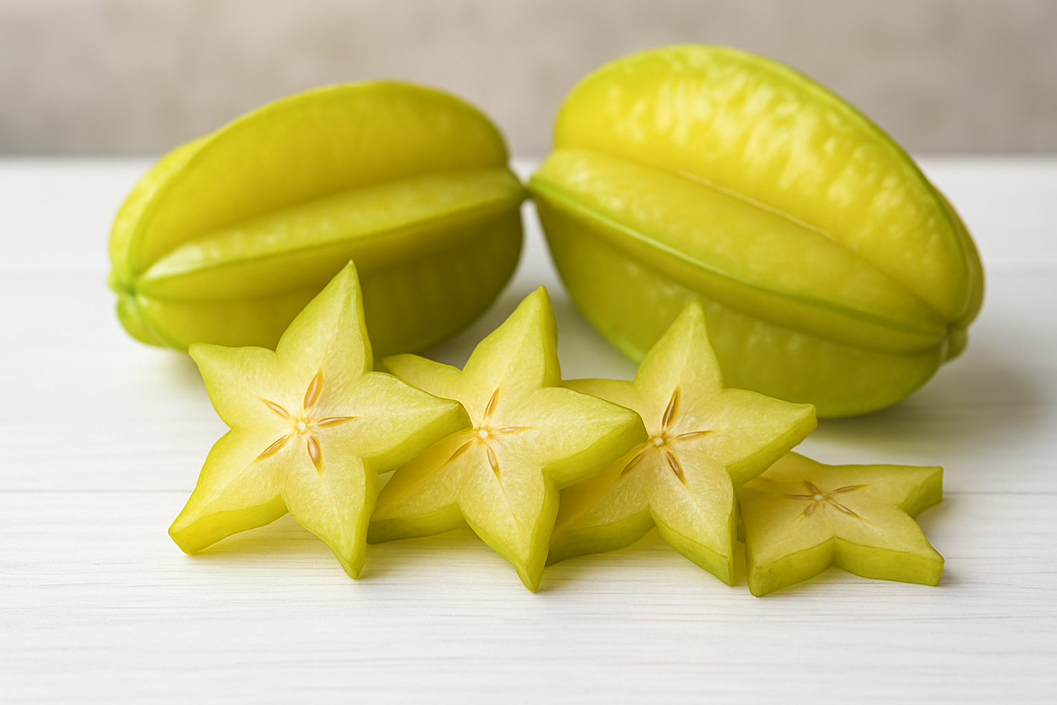 Create a realistic image of fresh starfruit (carambola) displayed on a clean white wooden surface, showing both whole yellow-green star-shaped fruits and several cross-sectional slices that clearly reveal the distinctive five-pointed star pattern, with natural daylight illuminating the scene from above, creating soft shadows, and a blurred neutral background to emphasize the fruit's unique characteristics and vibrant colors. Absolutely NO text should be in the scene.