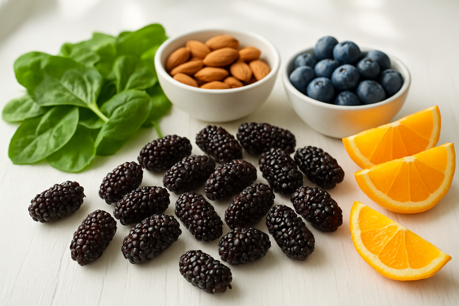 Create a realistic image of fresh dark purple mulberries arranged on a clean white wooden table alongside colorful healthy foods including spinach leaves, almonds, blueberries, and orange slices, with soft natural lighting from a window creating a bright, clean atmosphere that emphasizes the nutritional and health benefits of these superfoods, absolutely NO text should be in the scene.