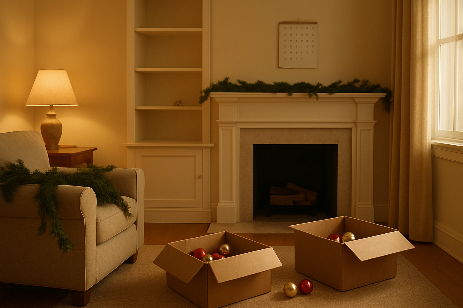 Create a realistic image of a cozy living room scene showing the aftermath of Christmas decoration removal, with empty spots on mantels and shelves where decorations once stood, a few remaining ornaments in open storage boxes on the floor, bare evergreen garland draped over furniture, and a traditional calendar on the wall showing early January dates, warm indoor lighting creating a peaceful post-holiday atmosphere, absolutely NO text should be in the scene.