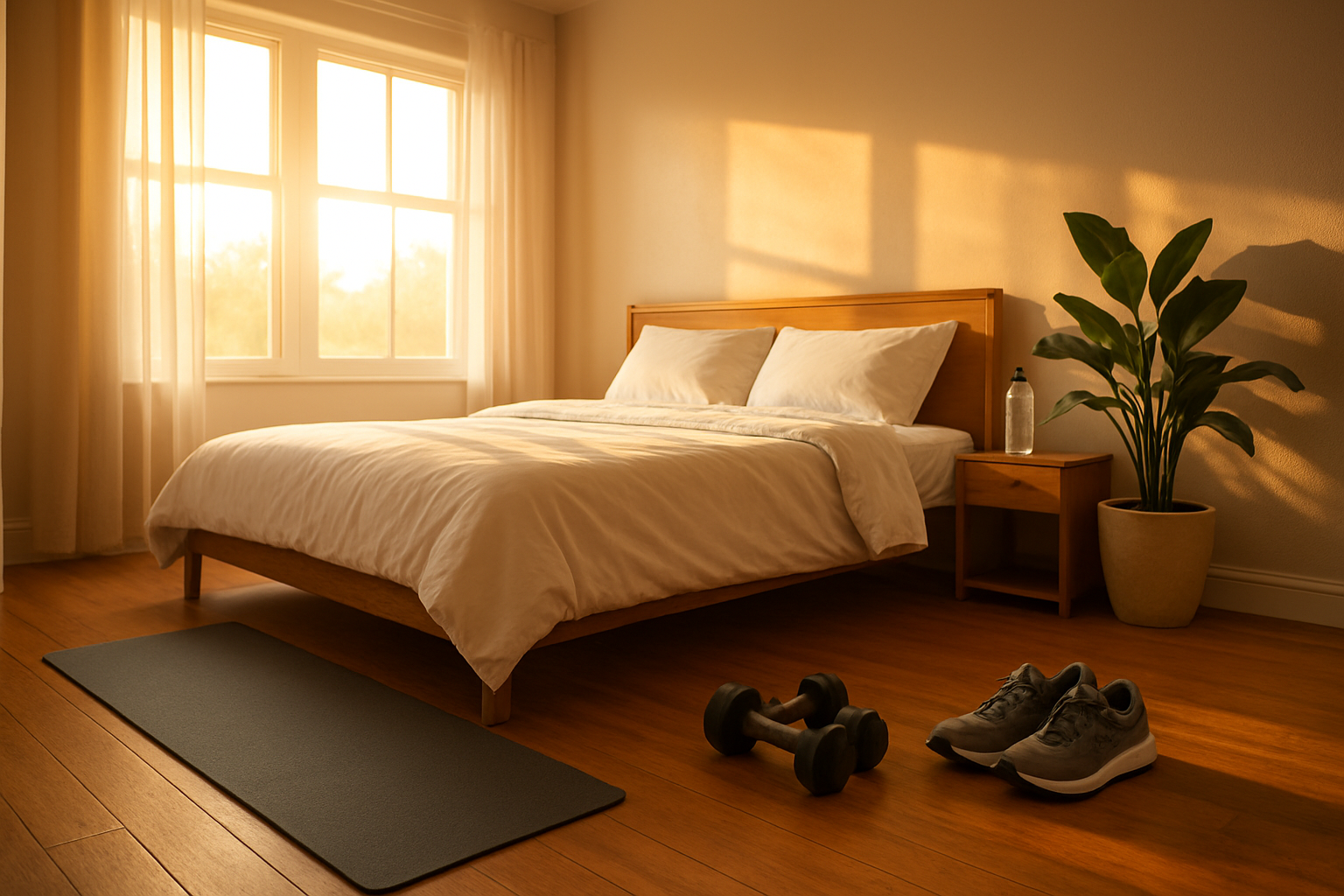 Create a realistic image of a bright, modern bedroom at sunrise with natural light streaming through windows, featuring a neatly made bed, yoga mat on the floor, dumbbells nearby, a water bottle on a nightstand, running shoes placed beside the bed, and a potted plant in the corner, with warm golden morning lighting creating an energetic and motivating atmosphere. Absolutely NO text should be in the scene.