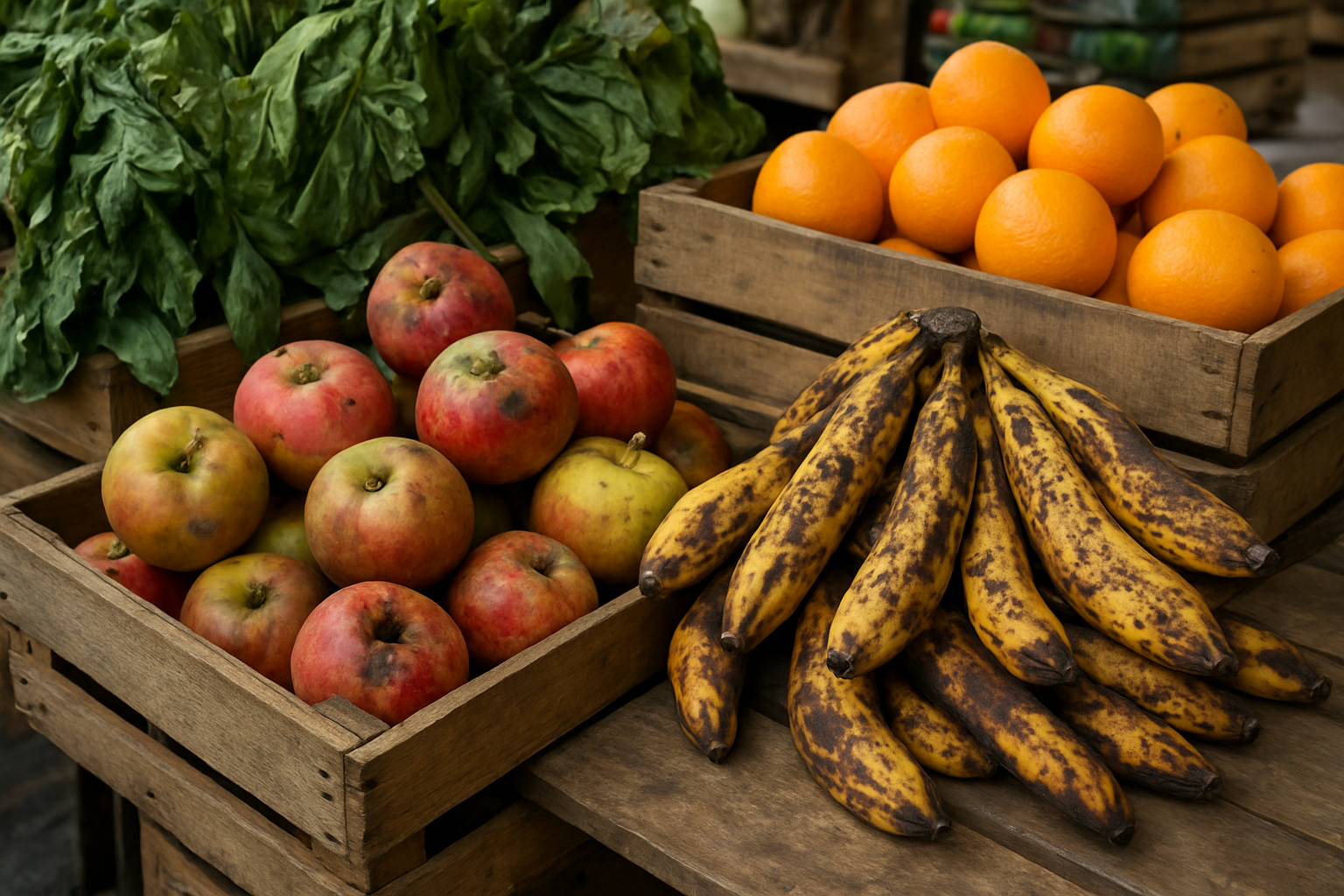 Create a realistic image of a fruit display showing a mix of fresh and poor quality fruits including bruised apples, overripe bananas with brown spots, wilted leafy greens, and some fresh oranges, arranged on wooden crates and tables at a fruit market stall, with natural daylight creating clear visibility of the quality differences between products, emphasizing the contrast between good and bad produce selection. Absolutely NO text should be in the scene.