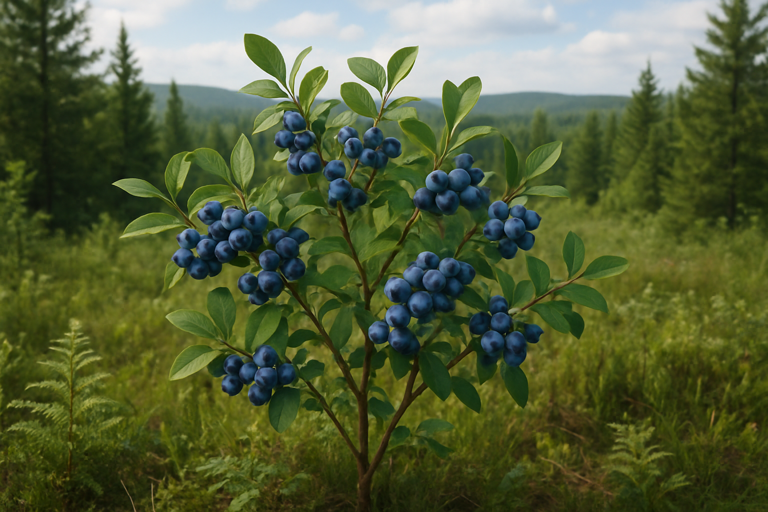 Create a realistic image of a flourishing blueberry plant in its natural habitat, showing the complete plant structure with clusters of ripe blue berries, green oval leaves, and woody brown stems, set against a background of rolling hills and forest landscape typical of North American blueberry growing regions, with soft natural daylight filtering through scattered clouds creating gentle shadows on the plant and surrounding wild vegetation including ferns and pine trees, capturing the essence of where blueberries naturally originated and thrive in the wild, absolutely NO text should be in the scene.