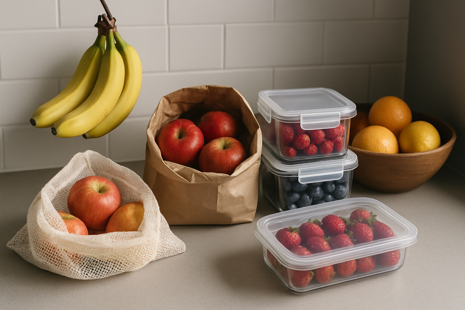 Create a realistic image of various fresh fruits arranged with specialized storage solutions including airtight glass containers, mesh produce bags, paper bags, and a wooden fruit bowl, showing bananas hanging on a hook, apples wrapped in newspaper, berries in ventilated containers, and citrus fruits in a cool dark area, with a clean modern kitchen counter background in soft natural lighting, demonstrating proper fruit preservation methods. Absolutely NO text should be in the scene.