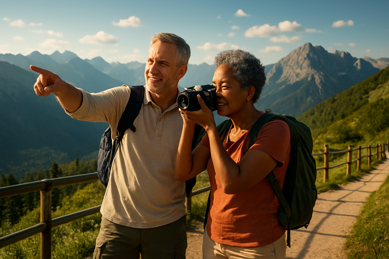 Create a realistic image of a middle-aged white male and black female couple in their 50s standing at a scenic mountain overlook, wearing comfortable hiking gear and backpacks, with the man pointing towards distant peaks while the woman takes a photo with a camera, surrounded by well-maintained hiking trails and safety railings, with dramatic mountain vistas and blue skies in the background, capturing the essence of accessible adventure travel in warm natural lighting, absolutely NO text should be in the scene.