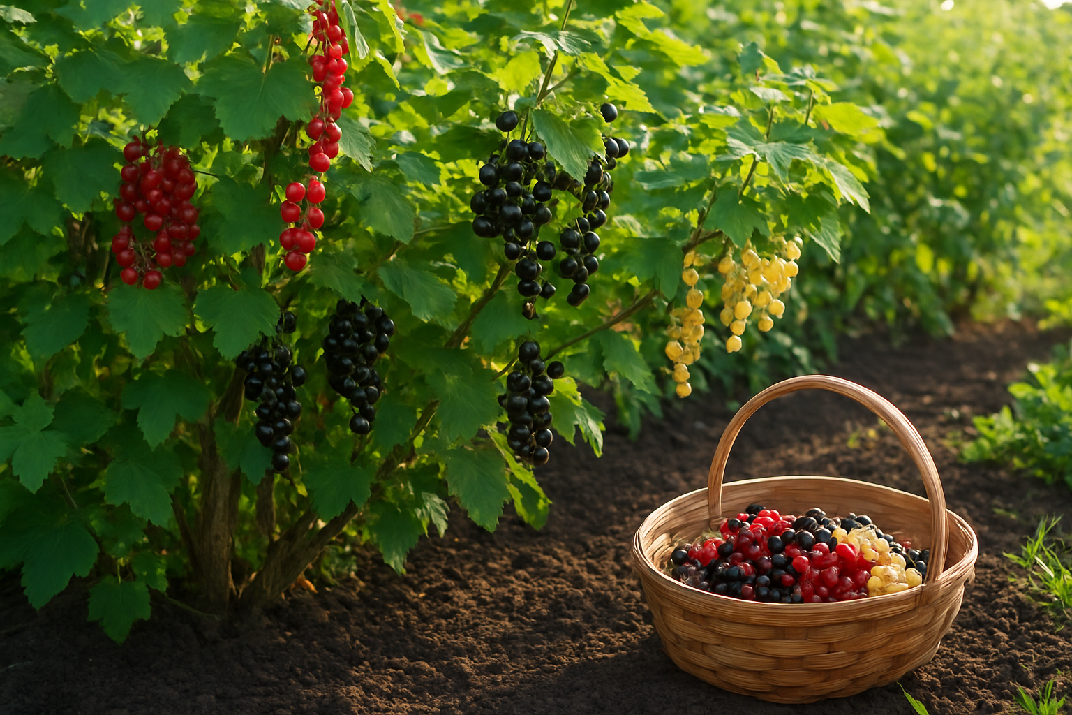 Create a realistic image of fresh currant bushes growing in a well-maintained garden or farm setting with clusters of red, black, and white currants hanging from green branches, rich dark soil visible at the base of the plants, morning sunlight filtering through the scene creating a warm natural glow, a wooden basket partially filled with freshly picked currants placed nearby on the ground, lush green foliage surrounding the currant bushes, and a peaceful agricultural atmosphere suggesting quality cultivation and harvesting, absolutely NO text should be in the scene.