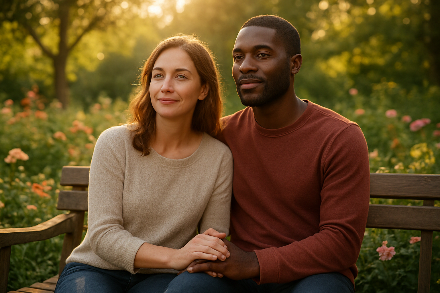 Create a realistic image of a diverse couple - a white woman and a black man - sitting close together on a wooden bench in a peaceful garden setting, with soft golden hour lighting filtering through trees in the background, their hands gently intertwined, both looking forward with serene, content expressions, surrounded by blooming flowers and lush greenery that symbolizes growth and flourishing love, with warm sunlight creating a hopeful and uplifting atmosphere that conveys deep connection, peace, and spiritual harmony, absolutely NO text should be in the scene.