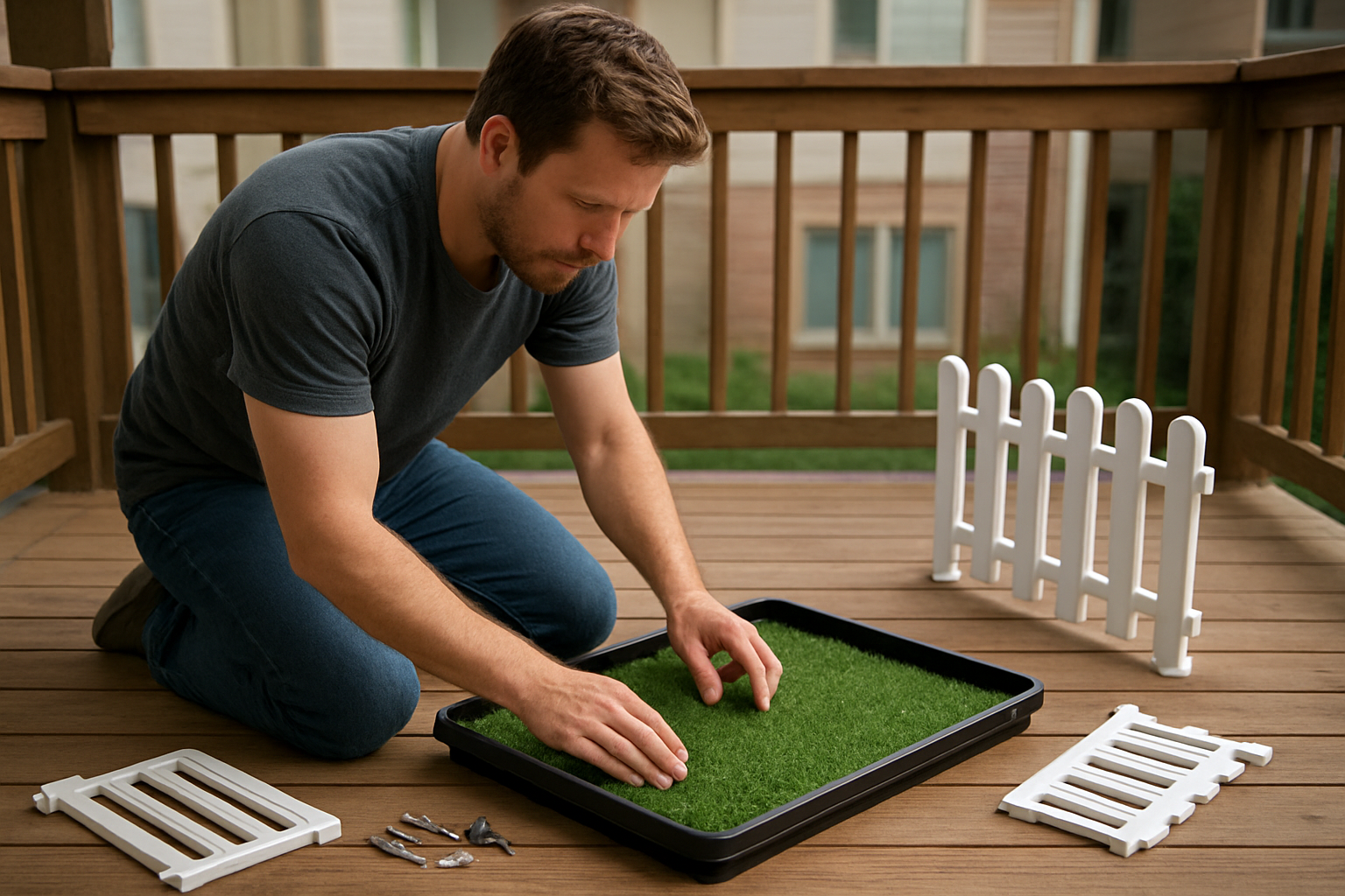 Create a realistic image of a white male person kneeling on a wooden outdoor porch or balcony, carefully assembling a dog potty training setup with artificial grass pad, drainage tray, and small fence barriers, with his hands positioning the grass mat while installation tools like screws and brackets are neatly arranged nearby, natural daylight illuminating the scene with a residential building background visible, showing a methodical step-by-step installation process in progress, absolutely NO text should be in the scene.