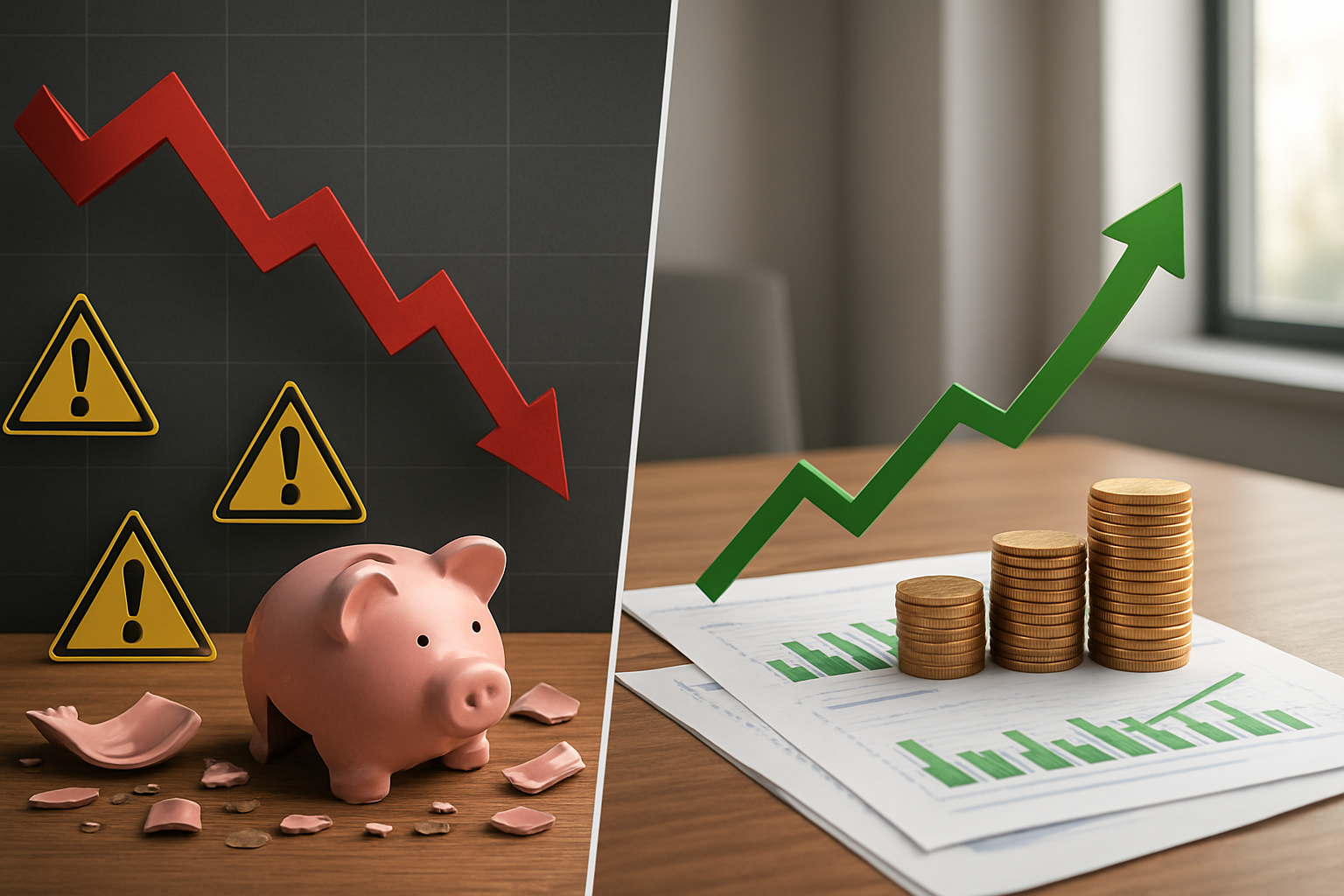 Create a realistic image of a split-screen composition showing investment mistakes on one side with red declining arrow graphs, scattered warning signs, and broken piggy bank fragments, contrasted with successful investing on the other side featuring green upward trending charts, organized financial documents, and stacked gold coins, set against a modern office background with soft natural lighting from a window, displaying a cautionary yet educational mood about financial decision-making, absolutely NO text should be in the scene.