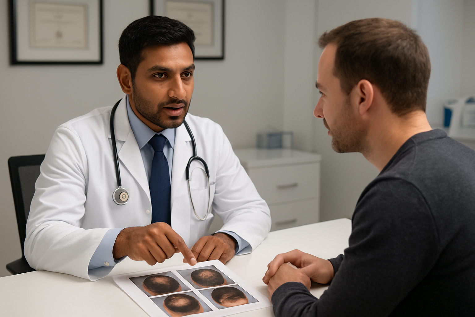 Create a realistic image of a professional medical consultation scene showing a confident male Indian doctor in a white coat sitting across from a male patient at a modern clinic desk, with medical certificates and diplomas displayed on the wall behind them, the doctor pointing to a hair analysis chart or before-and-after photos on the desk, bright clinical lighting, clean and sterile medical office environment with medical equipment subtly visible in the background, both individuals engaged in serious discussion about hair restoration treatment options, absolutely NO text should be in the scene.
