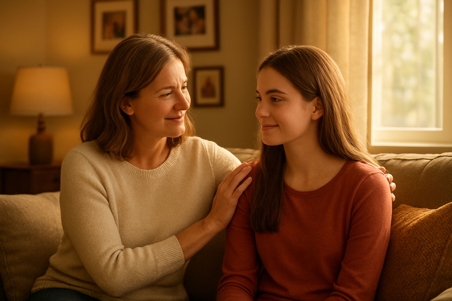 Create a realistic image of a white mother and her teenage daughter sitting together on a comfortable couch in a warm, cozy living room, engaged in intimate conversation with gentle smiles, soft afternoon sunlight streaming through a nearby window creating a peaceful atmosphere, with the mother's hand gently placed on her daughter's shoulder showing connection and support, surrounded by homey elements like throw pillows and family photos in the background, conveying love, trust, and emotional bonding between them, absolutely NO text should be in the scene.