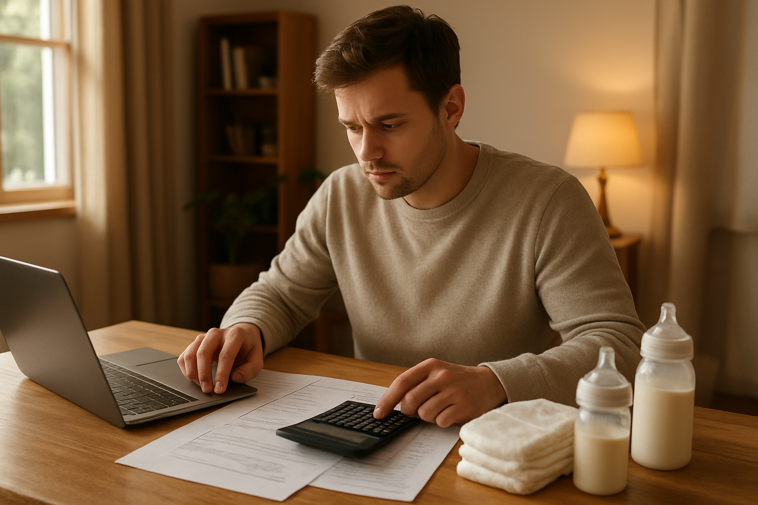 Create a realistic image of a young white male father sitting at a wooden desk with financial documents, calculator, laptop, and baby items like diapers and bottles scattered around, warm home office setting with natural lighting from a window, organized yet lived-in atmosphere suggesting careful planning for a growing family, absolutely NO text should be in the scene.
