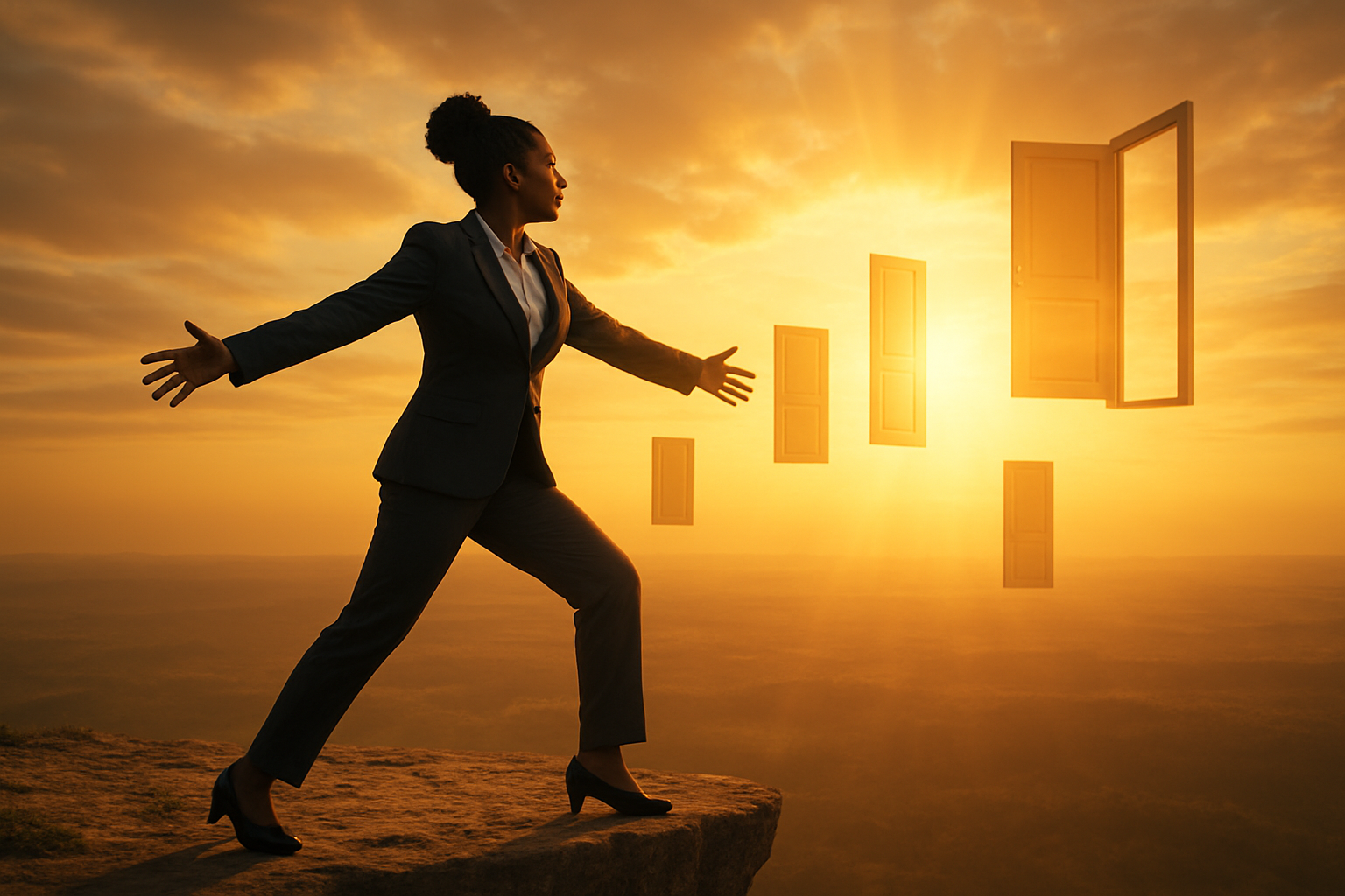 Create a realistic image of a confident black female professional in business attire standing at the edge of a cliff or elevated platform, taking a bold step forward with her arms outstretched toward a bright, golden sunrise, with multiple open doors floating in the bright sky ahead of her representing opportunities, the scene should have warm, uplifting lighting with rays of sunlight breaking through clouds, conveying courage, determination and forward movement, the background should show a vast landscape below symbolizing overcoming fears, absolutely NO text should be in the scene.