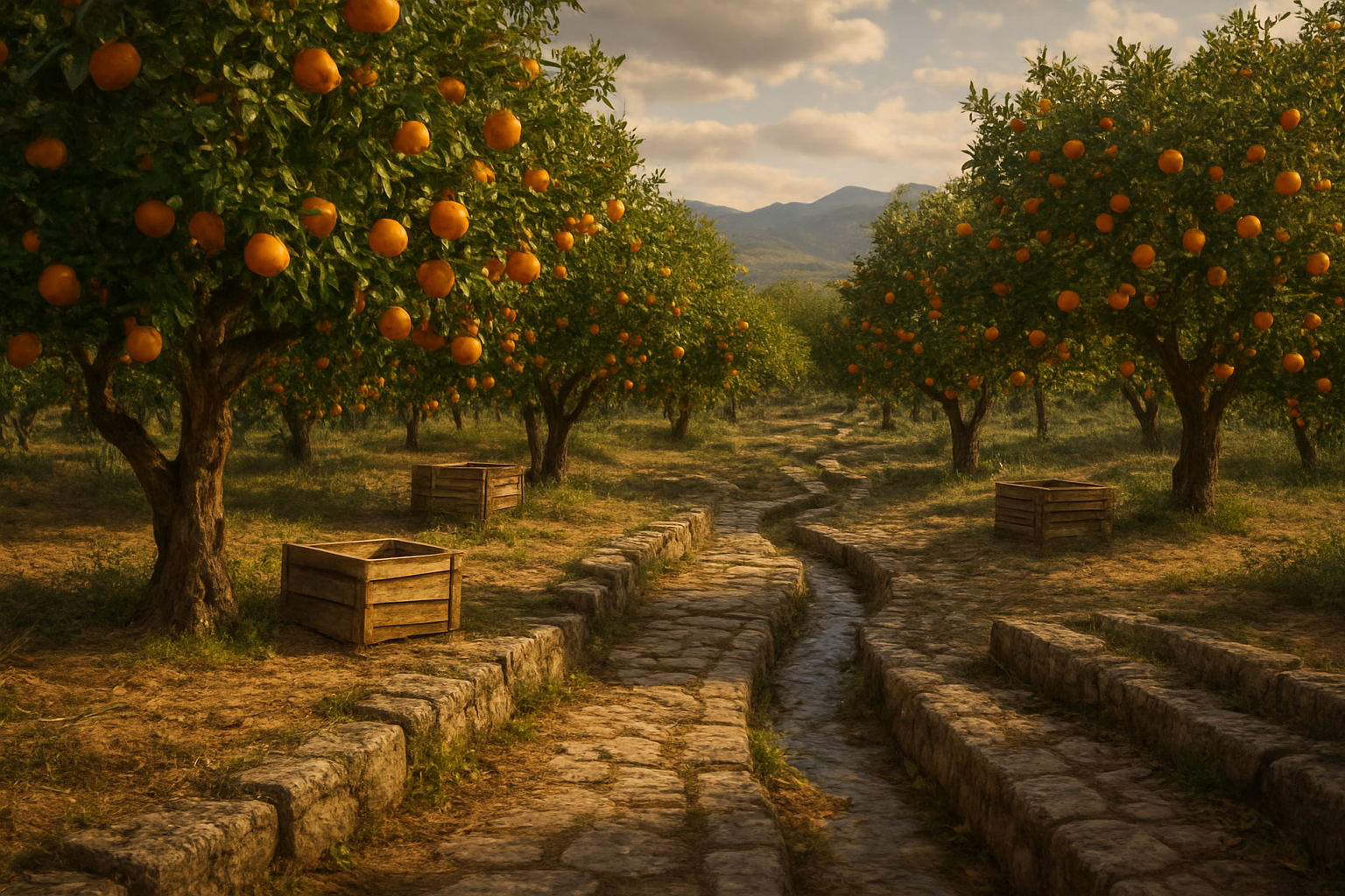 Create a realistic image of ancient orange groves with mature orange trees heavy with bright orange fruits, set in a Mediterranean landscape with rolling hills in the background, featuring weathered stone pathways winding through the orchard, vintage wooden crates scattered near the trees, old irrigation channels carved in stone, golden hour lighting casting warm shadows across the scene, with distant mountains and a partly cloudy sky creating a timeless historical atmosphere that evokes centuries of orange cultivation, absolutely NO text should be in the scene.
