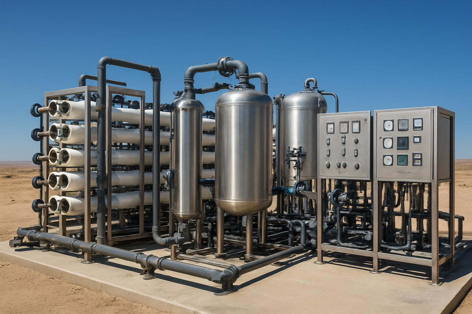 Create a realistic image of a modern industrial water purification facility at an oil rig camp showing multiple water treatment technologies including reverse osmosis units, UV sterilization systems, filtration tanks, and control panels with gauges and monitors, set against a desert or remote location background with clear blue sky, bright daylight illumination highlighting the metallic surfaces and clean industrial equipment, absolutely NO text should be in the scene.
