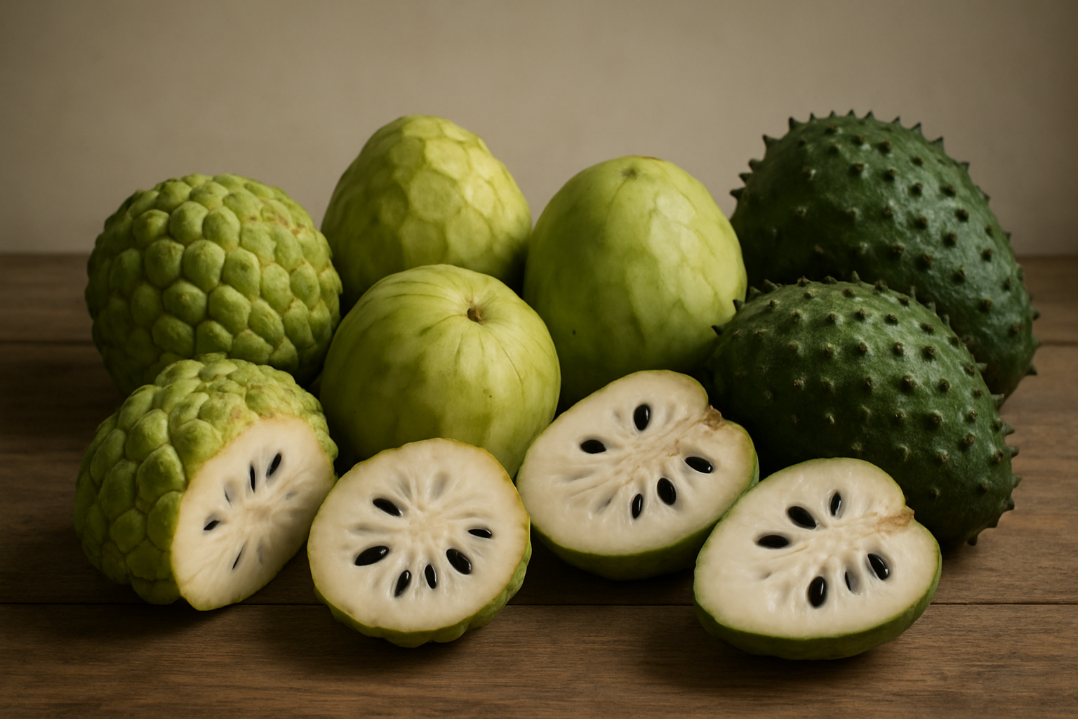 Create a realistic image of an elegant display showcasing multiple varieties of custard apples arranged on a rustic wooden surface, featuring different types including sugar apple with its distinctive bumpy green skin, cherimoya with smoother pale green surface, and soursop with its dark green spiky exterior, some fruits shown whole while others are cut open revealing creamy white flesh with black seeds, soft natural lighting from above creating gentle shadows, clean minimalist background with subtle warm tones, absolutely NO text should be in the scene.