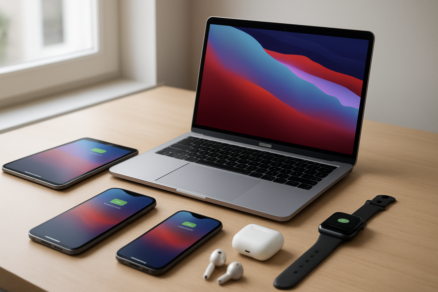 Create a realistic image of a modern workspace showing seamless Apple ecosystem integration with a MacBook Pro open on a clean desk, an iPhone and iPad positioned nearby displaying synchronized content, AirPods on the desk, and an Apple Watch visible, all devices showing connected status indicators and matching interfaces, shot from a slightly elevated angle with soft natural lighting from a window, creating a professional and organized atmosphere that emphasizes connectivity and workflow efficiency, absolutely NO text should be in the scene.