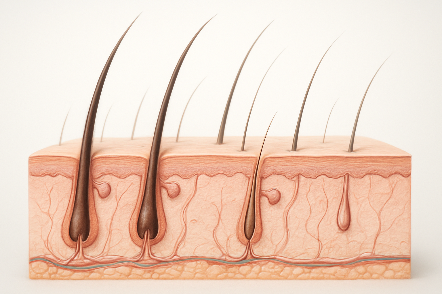 Create a realistic image of a detailed cross-section illustration of a human scalp showing hair follicles at different stages of the growth cycle, with some follicles containing thick healthy hair strands while others show thinner or emerging hair, set against a clean scientific background with soft natural lighting that highlights the anatomical details of hair density patterns and follicle structure, absolutely NO text should be in the scene.