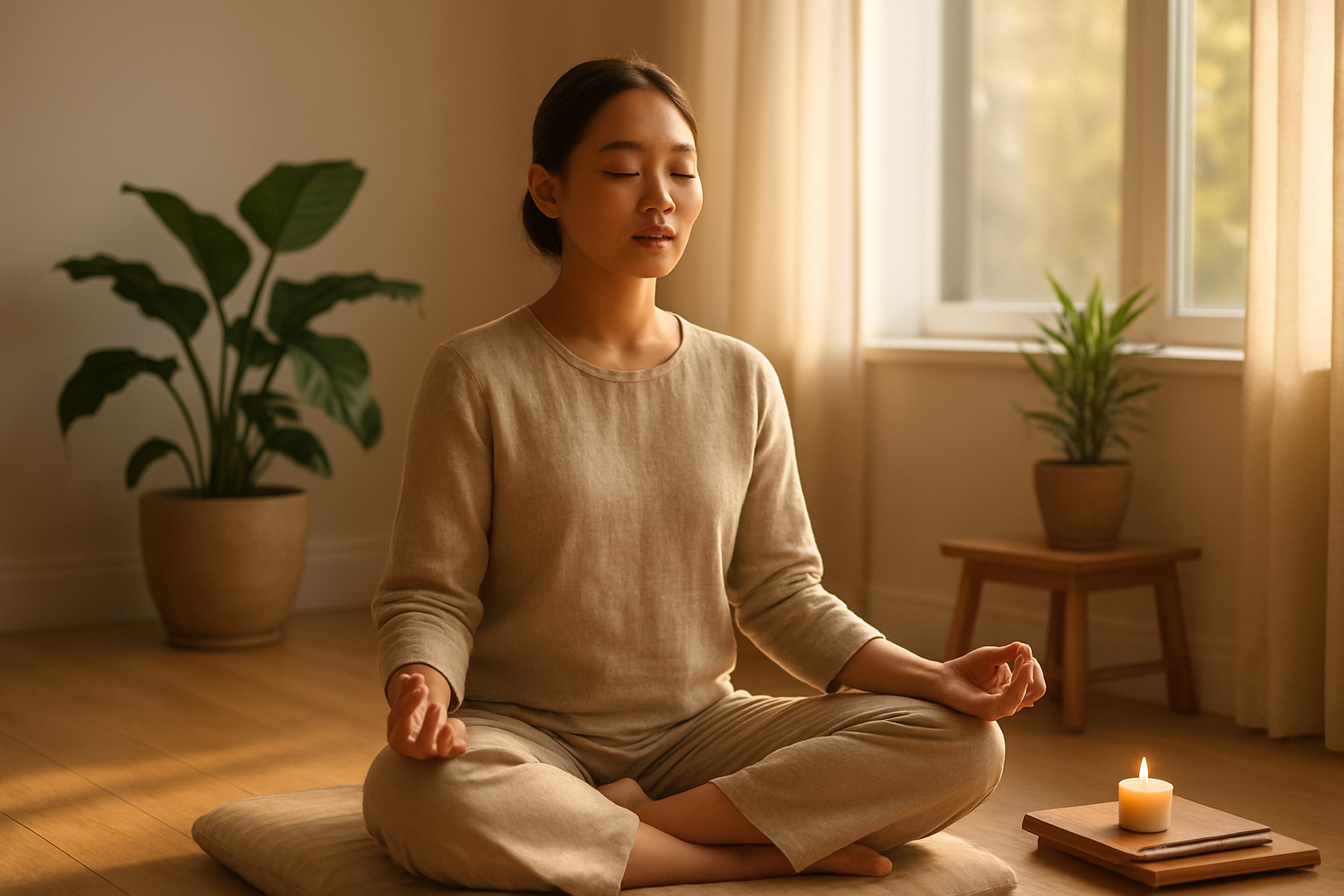 Create a realistic image of a serene morning meditation scene featuring a young Asian woman sitting cross-legged on a soft cushion in a minimalist, sunlit room with warm golden light streaming through large windows, surrounded by a few potted plants, a small wooden table with a journal and pen, and a lit candle, creating a peaceful atmosphere of mindfulness and mental clarity with soft shadows and a calm, focused mood, absolutely NO text should be in the scene.