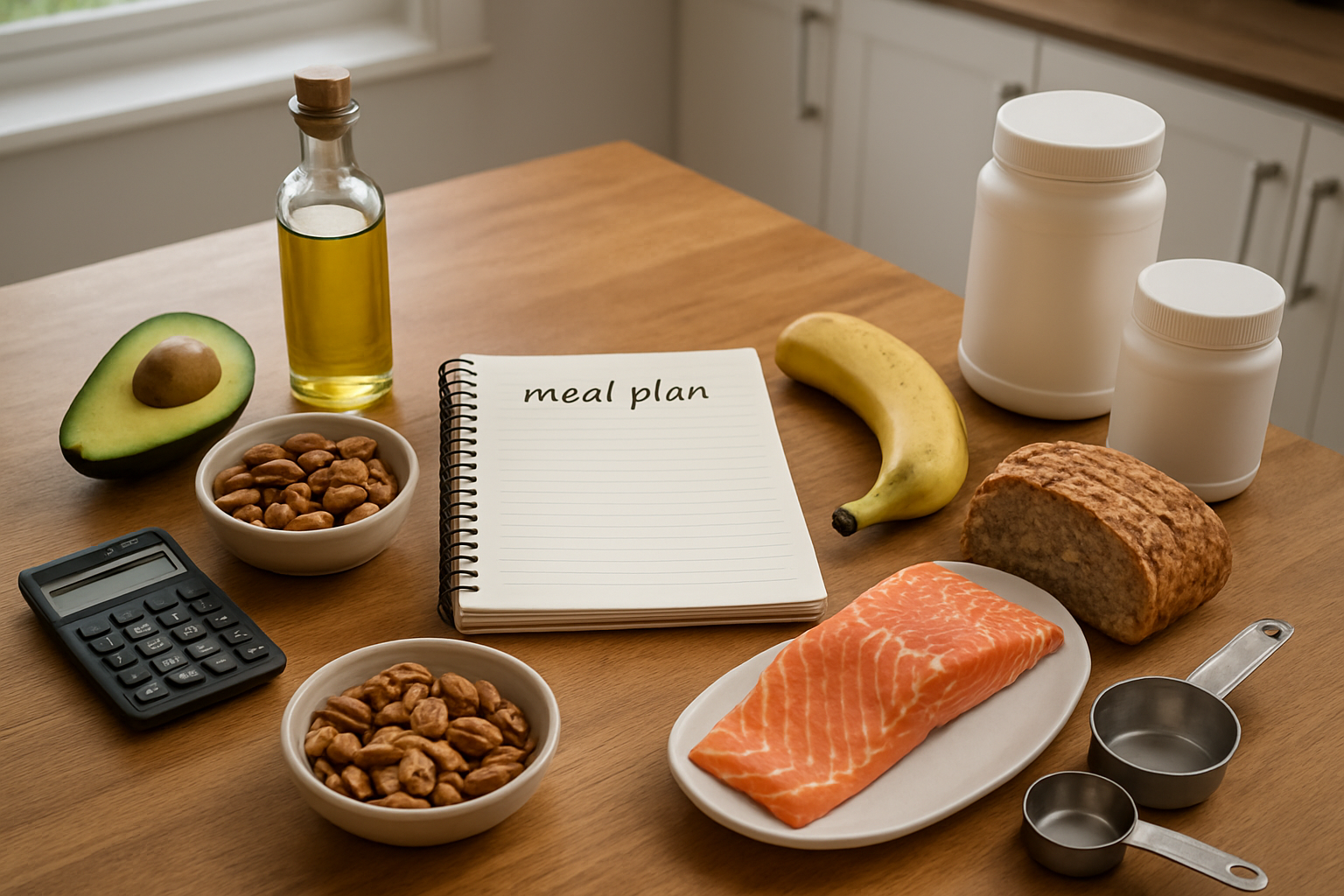 Create a realistic image of a wooden kitchen table with an organized meal planning setup featuring a notebook with handwritten meal plans, colorful nutrient-dense foods including avocados, nuts, olive oil bottle, whole grain bread, salmon fillet, bananas, and protein powder containers arranged strategically around the planning materials, with a calculator and measuring cups nearby, set in a bright modern kitchen with natural lighting from a window, creating a focused and organized atmosphere for nutrition planning. Absolutely NO text should be in the scene.