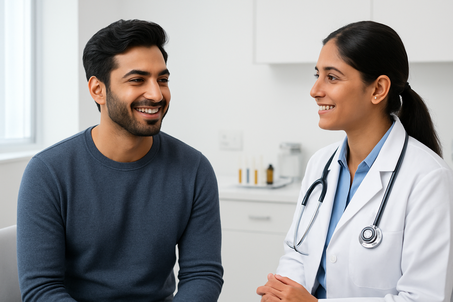 Create a realistic image of a satisfied Indian male patient in his early 30s with visibly healthier, fuller hair sitting in a modern, clean medical clinic consultation room, with a professional Indian female doctor in a white coat discussing treatment results, medical equipment and PRP therapy materials visible on a clean medical tray in the background, bright clinical lighting creating a professional healthcare atmosphere, both people appearing confident and pleased with treatment outcomes, absolutely NO text should be in the scene.