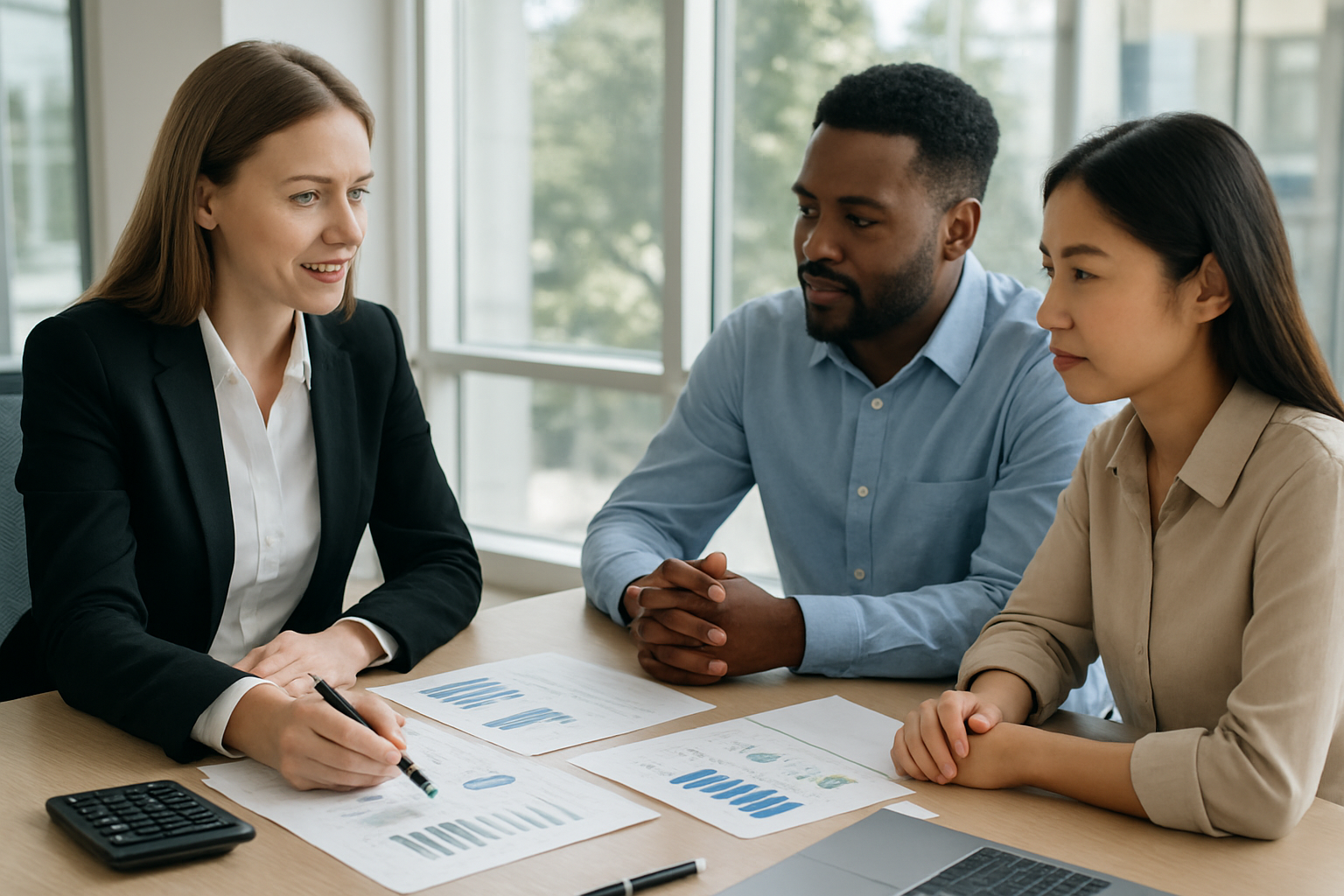 Create a realistic image of a diverse group including a white female financial advisor in professional attire sitting at a modern desk with a black male client and an Asian female client, reviewing multiple bank account documents and financial charts spread across the desk, with a calculator, pen, and laptop visible, set in a bright contemporary bank office with large windows showing natural daylight, conveying a professional and trustworthy atmosphere focused on financial planning and security, absolutely NO text should be in the scene.